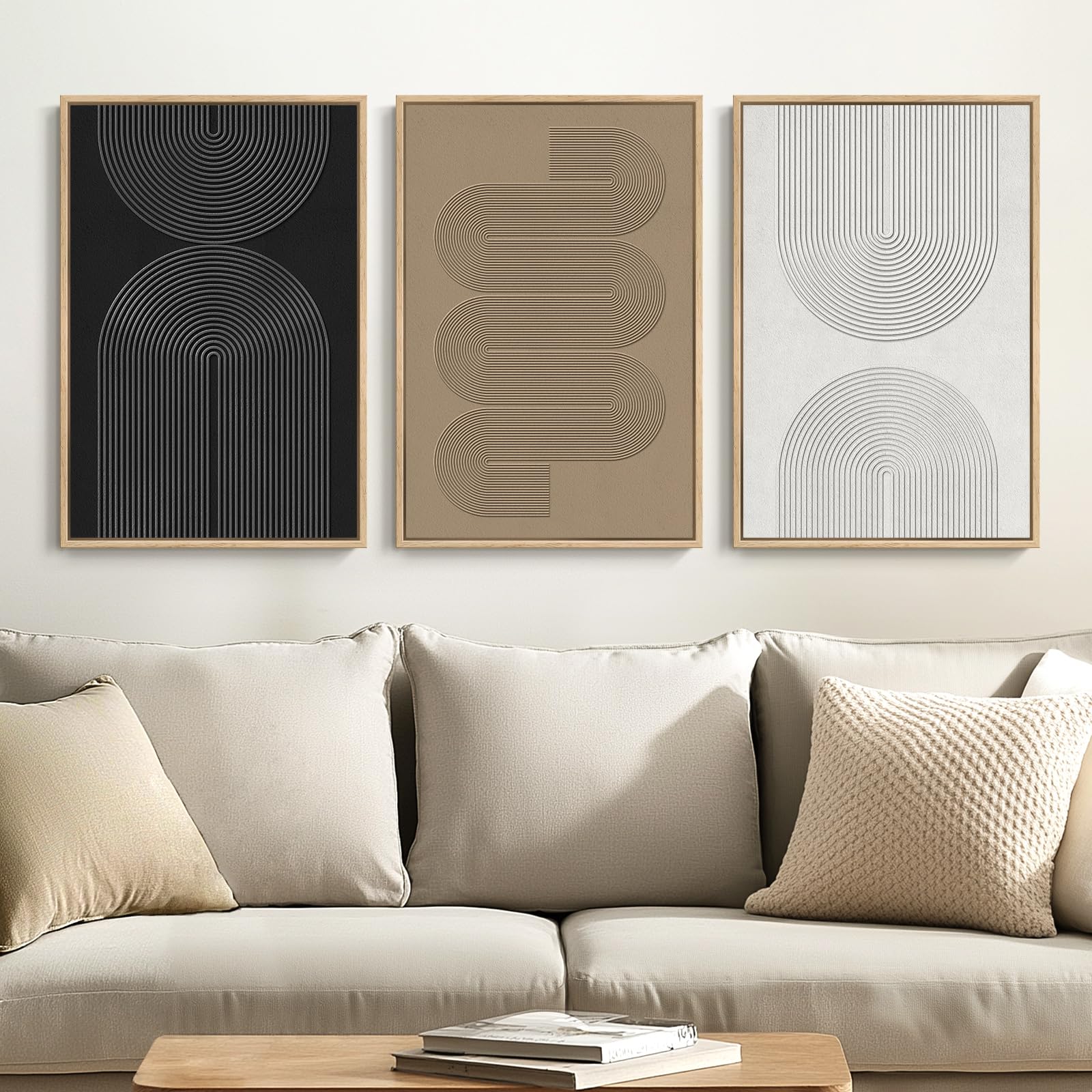 Large Framed Boho Modern Neutral Abstract Wall Art for Living Room, 3 Piece Black and White Canvas Prints Paintings Artwork for Walls, Geometric Pictures for Office Bedroom Dining Room Decor, 24x36 In