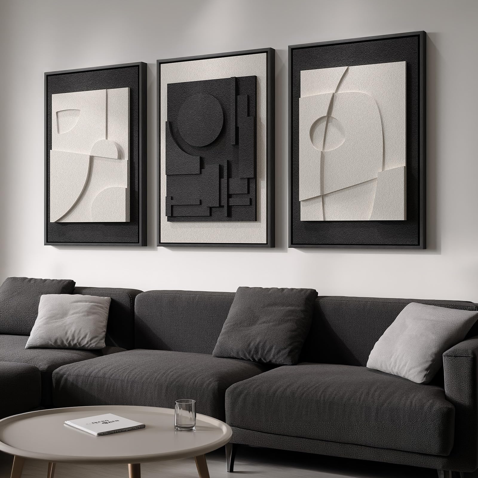 Large 3D Textured Framed Blue and White Abstract Wall Art for Living Room, 3 Piece Modern Artwork for Walls, Minimalist Navy Blue Geometric Paintings for Hallway, Stair, Office Wall Decor 24x36 In