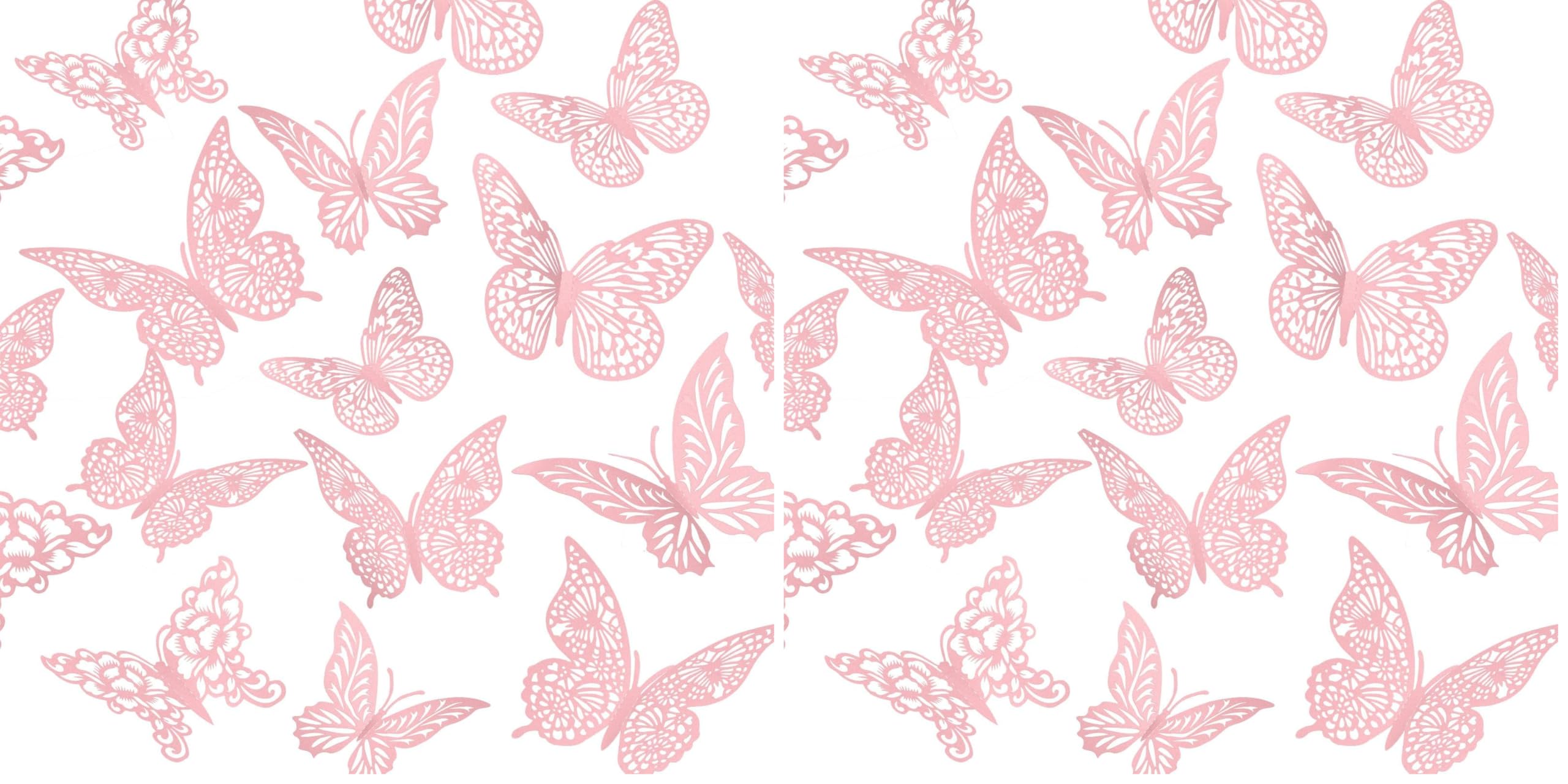3D Pink Butterfly Wall Decor 3 Sizes 4 Styles Butterfly Party Decorations Cake Decorations Removable Stickers Wall Decor Room Mural Metallic Kids (Pink, 48Pcs)