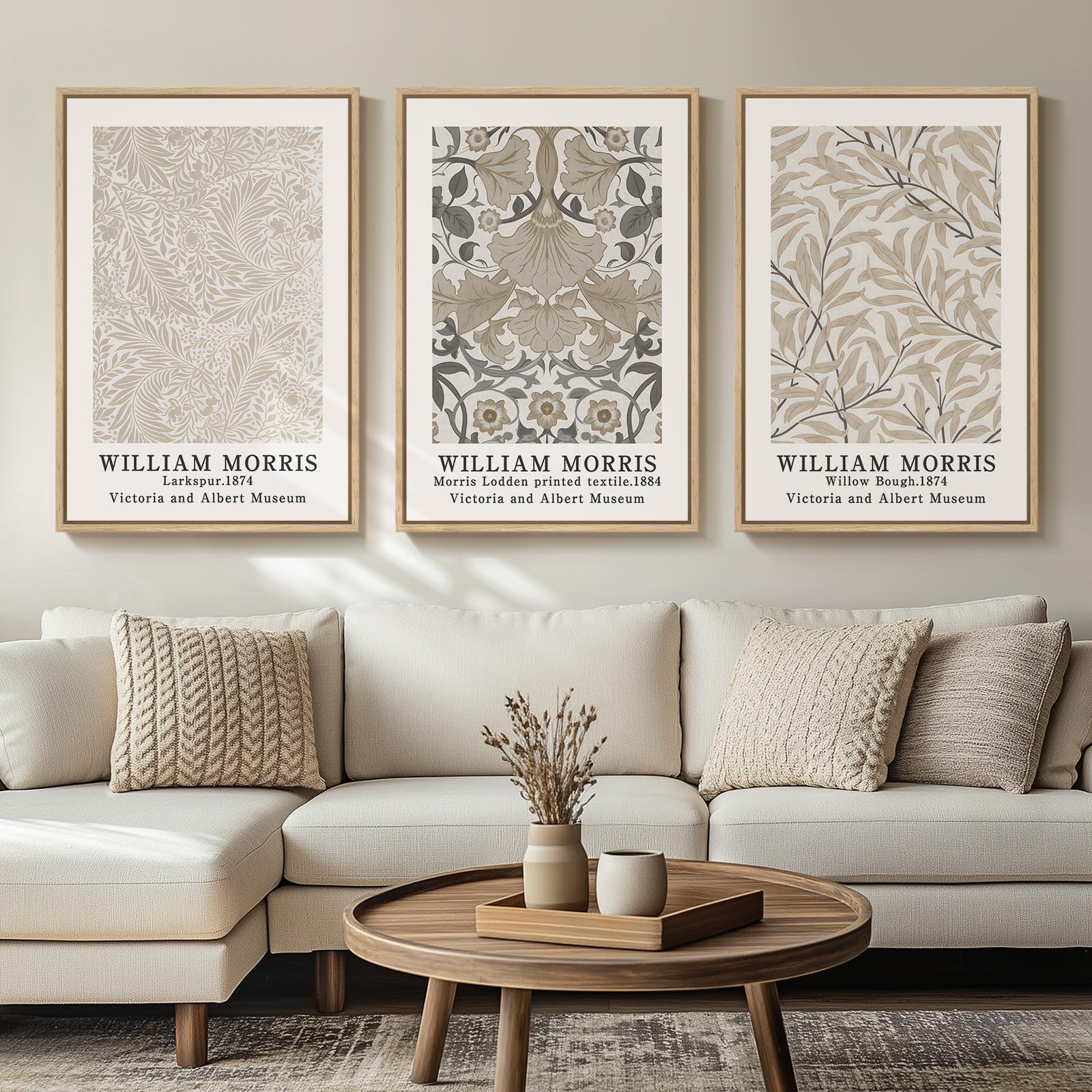 Framed Large William Morris Canvas Wall Art Set of 3, Vintage Nature Floral Artwork Prints, Boho Neutral Botanical Wall Decor for Living Room, Bedroom, Hallway and Office, Total Size 30x60