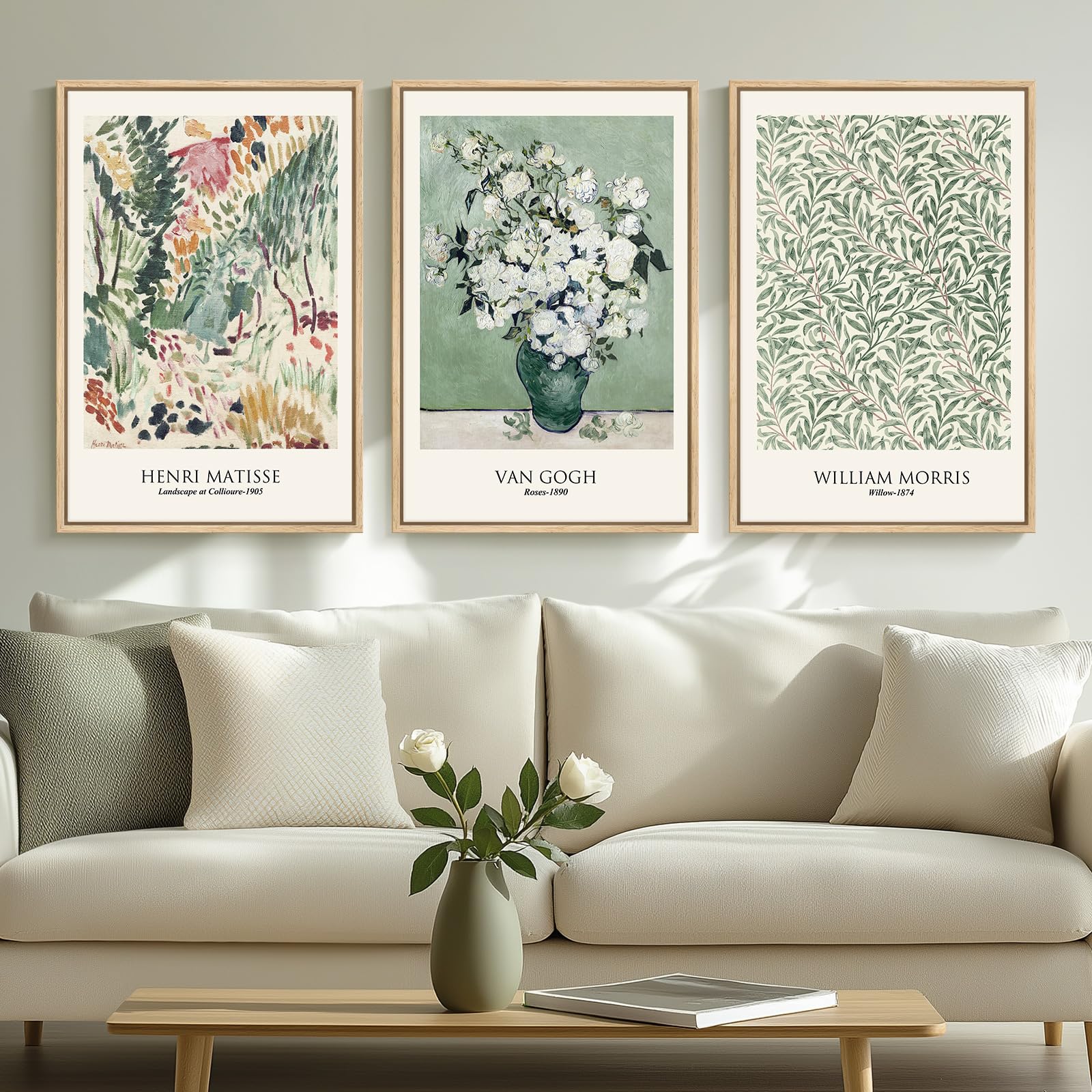 Framed Large William Morris Canvas Wall Art Set of 3, Vintage Nature Floral Artwork Prints, Boho Neutral Botanical Wall Decor for Living Room, Bedroom, Hallway and Office, Total Size 30x60