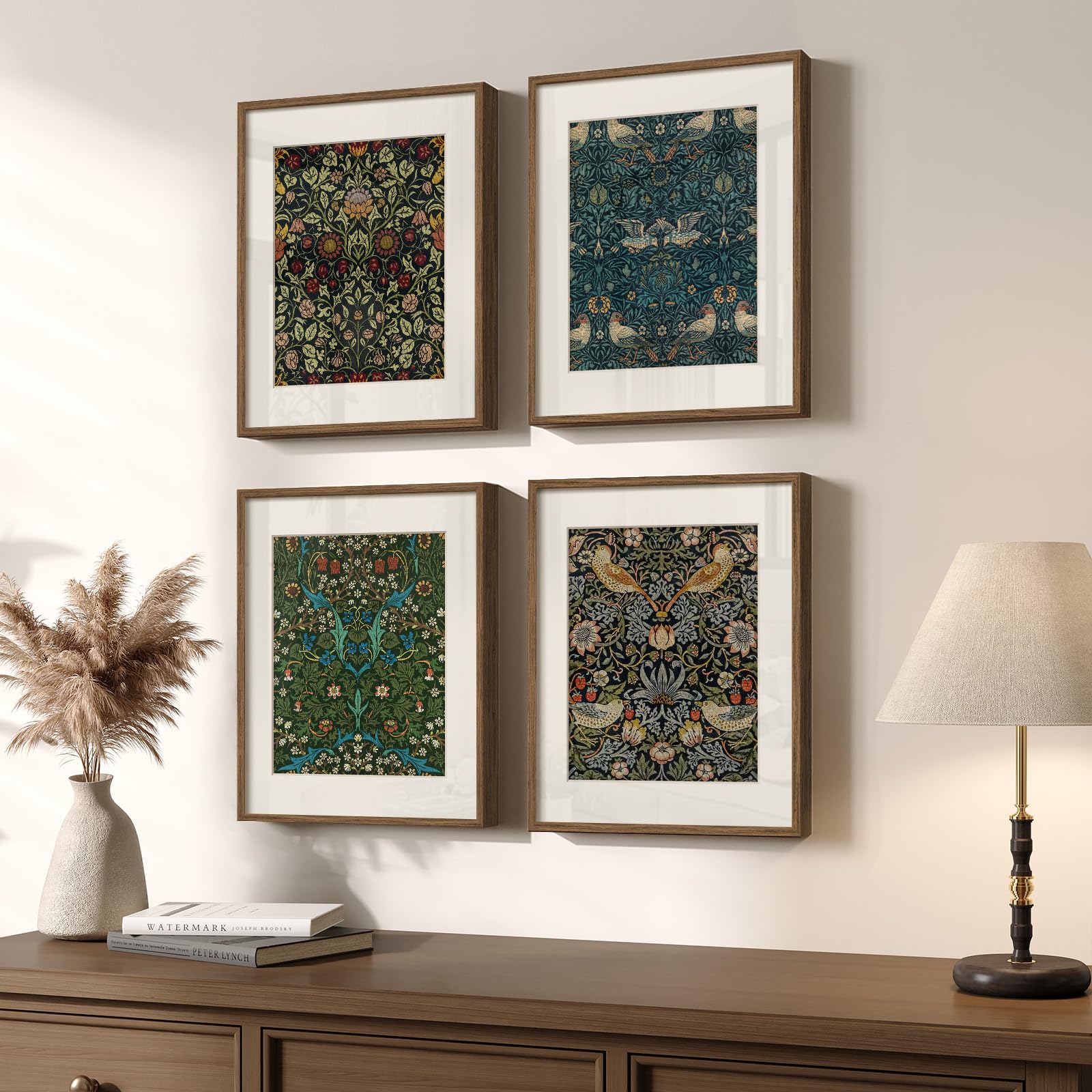 Framed Large William Morris Canvas Wall Art Set of 3, Vintage Nature Floral Artwork Prints, Boho Neutral Botanical Wall Decor for Living Room, Bedroom, Hallway and Office, Total Size 30x60