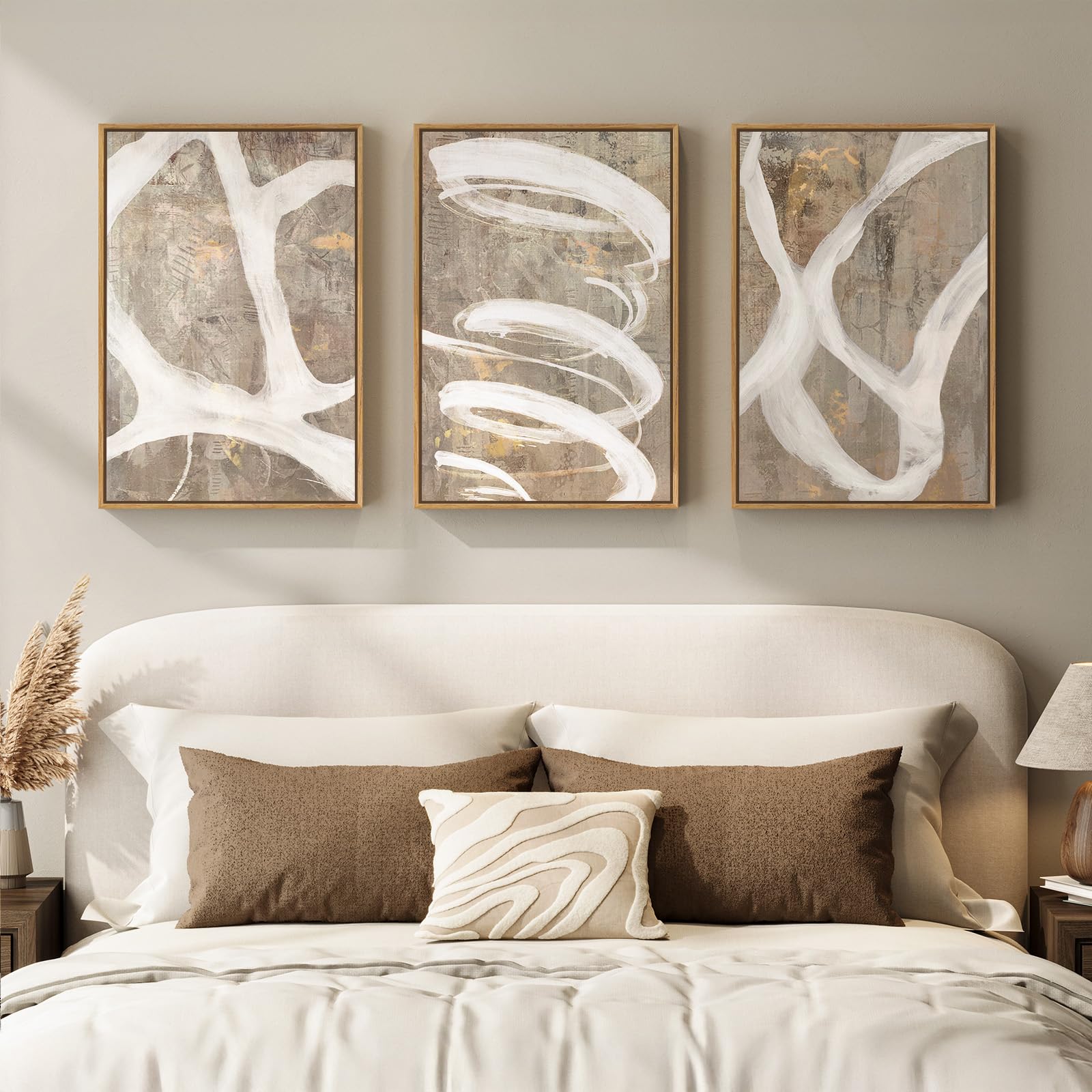 Large Framed Neutral Abstract Wall Art for Living Room, 3 Piece Modern Canvas Prints Paintings Artwork for Walls, Black Beige Brown Neutral Tone Pictures for Hallway Bedroom Office Wall Decor 24x36 In