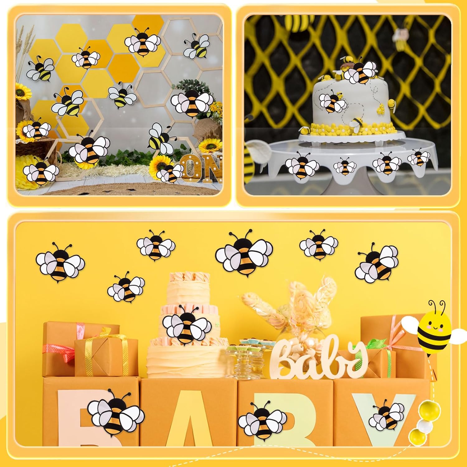 FOBSME 60 Pcs 3D Bee Stickers 3 Sizes Tiny Ornaments for Honey Bee Party Wall Decal Decorations Yellow Honey Bees Clings for Home Classroom Office Fridge Window Decor Spring Summer Party Supplies