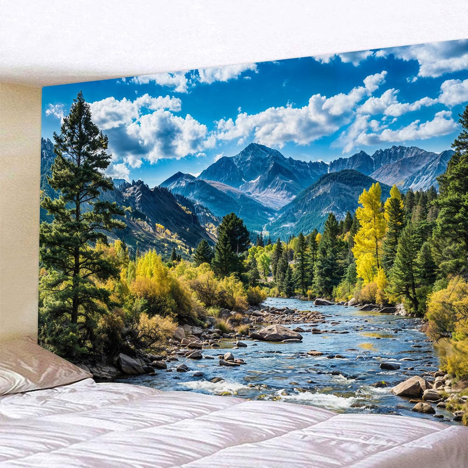 AMM Nature Forest Mountain Tapestry Green Pine Tree Tapestry for Bedroom Aesthetic White Clouds Flowing River Landscape Classroom Tapestries Wall Hanging for Living Room Dorm Office