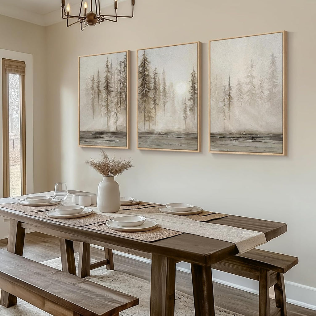 Framed Neutral Wall Art for Living Room, Large 3 Piece Abstract Pastel Grunge Forest Landscape Tree Canvas Artwork Set, Modern Art Decorative Nordic Painting Picture Prints for Hallway Office 24x36 In