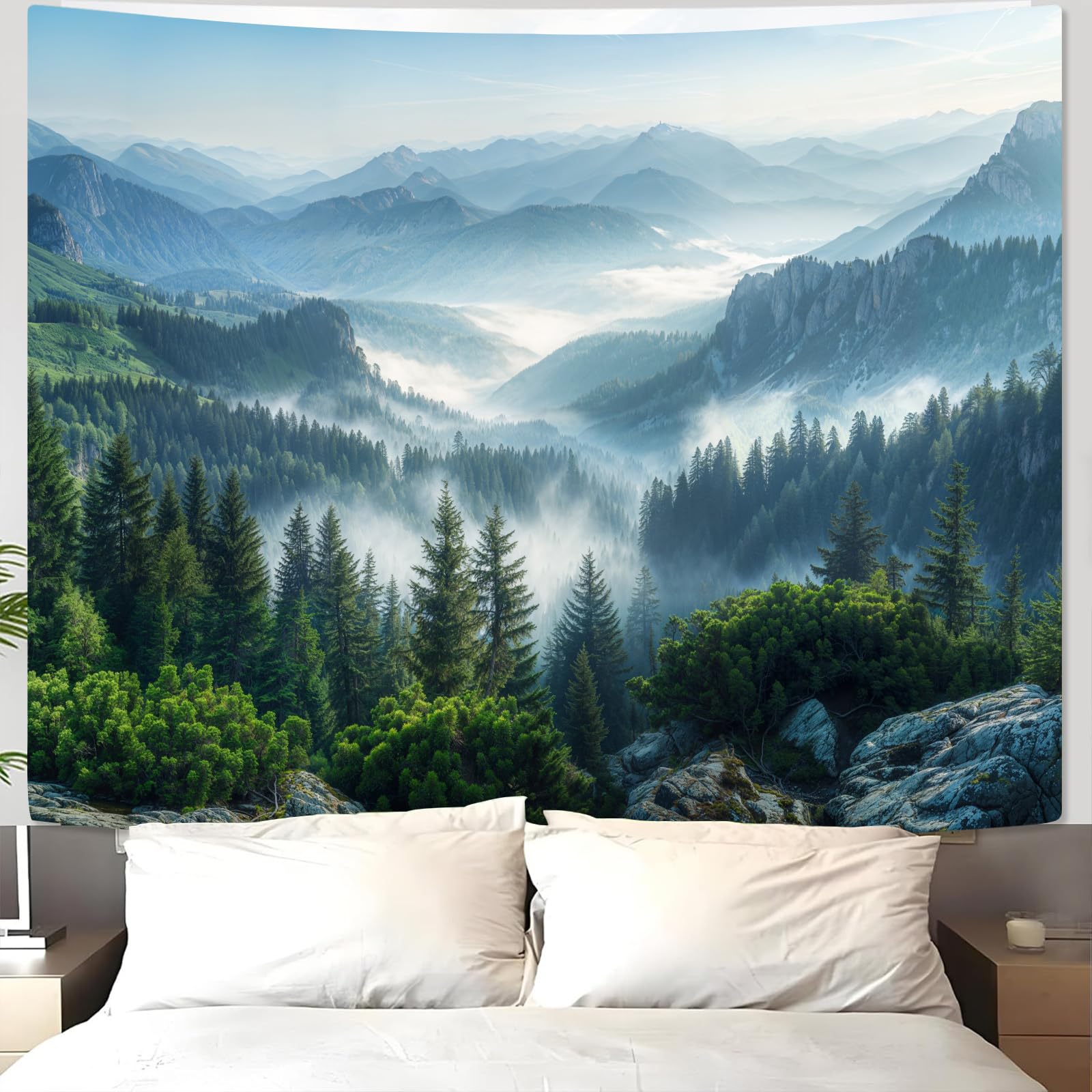 AMM Nature Forest Mountain Tapestry Green Pine Tree Tapestry for Bedroom Aesthetic White Clouds Flowing River Landscape Classroom Tapestries Wall Hanging for Living Room Dorm Office