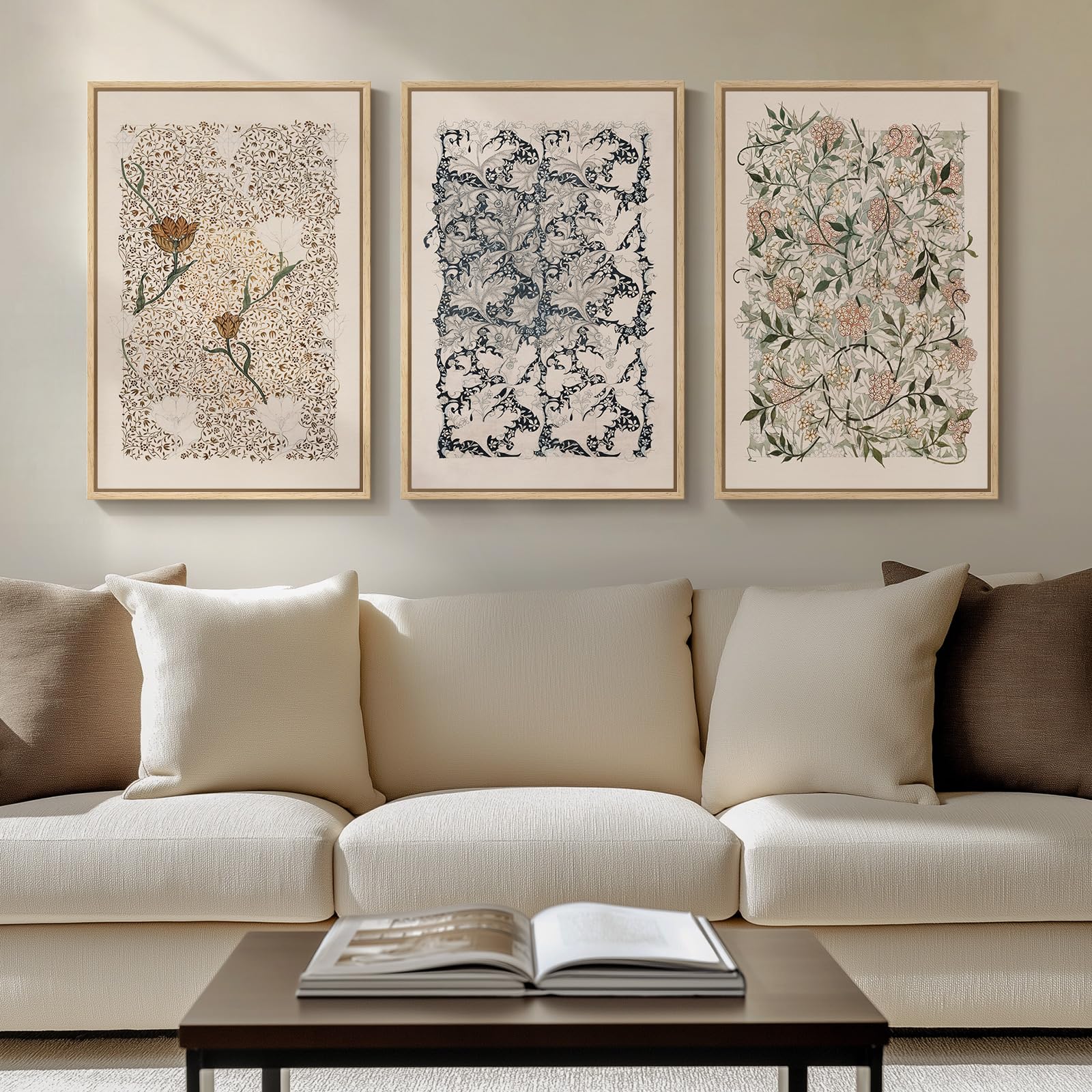 Framed Large William Morris Canvas Wall Art Set of 3, Vintage Nature Floral Artwork Prints, Boho Neutral Botanical Wall Decor for Living Room, Bedroom, Hallway and Office, Total Size 30x60