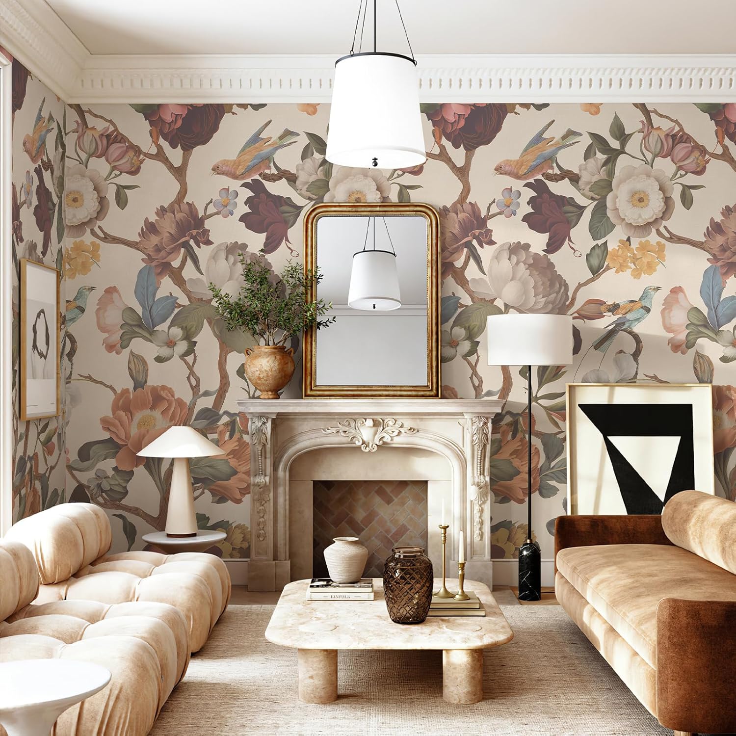Zeeko Floral Peel and Stick Wall Mural Beige Flower Wallpaper for Bedroom TV Background Vintage Wallpaper Large Floral Wall Murals Art Deco 148" W x 98" H
