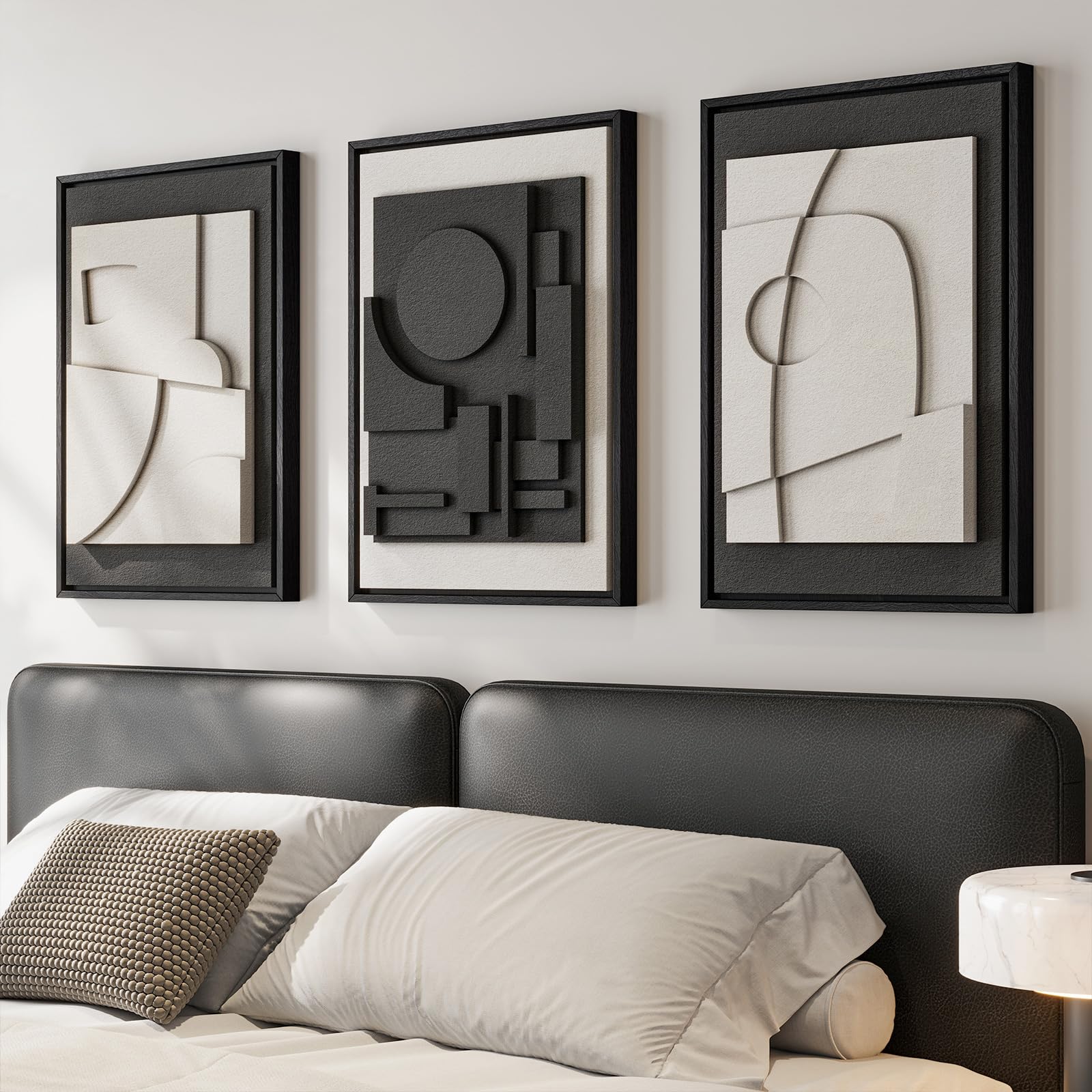 Large 3D Textured Framed Blue and White Abstract Wall Art for Living Room, 3 Piece Modern Artwork for Walls, Minimalist Navy Blue Geometric Paintings for Hallway, Stair, Office Wall Decor 24x36 In