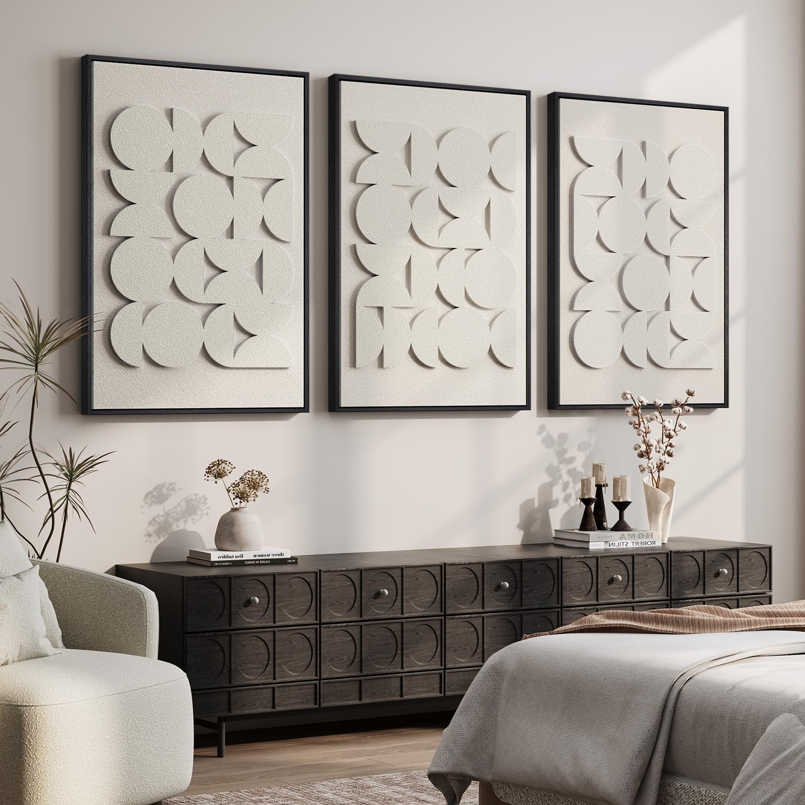 Large 3D Textured Framed Blue and White Abstract Wall Art for Living Room, 3 Piece Modern Artwork for Walls, Minimalist Navy Blue Geometric Paintings for Hallway, Stair, Office Wall Decor 24x36 In