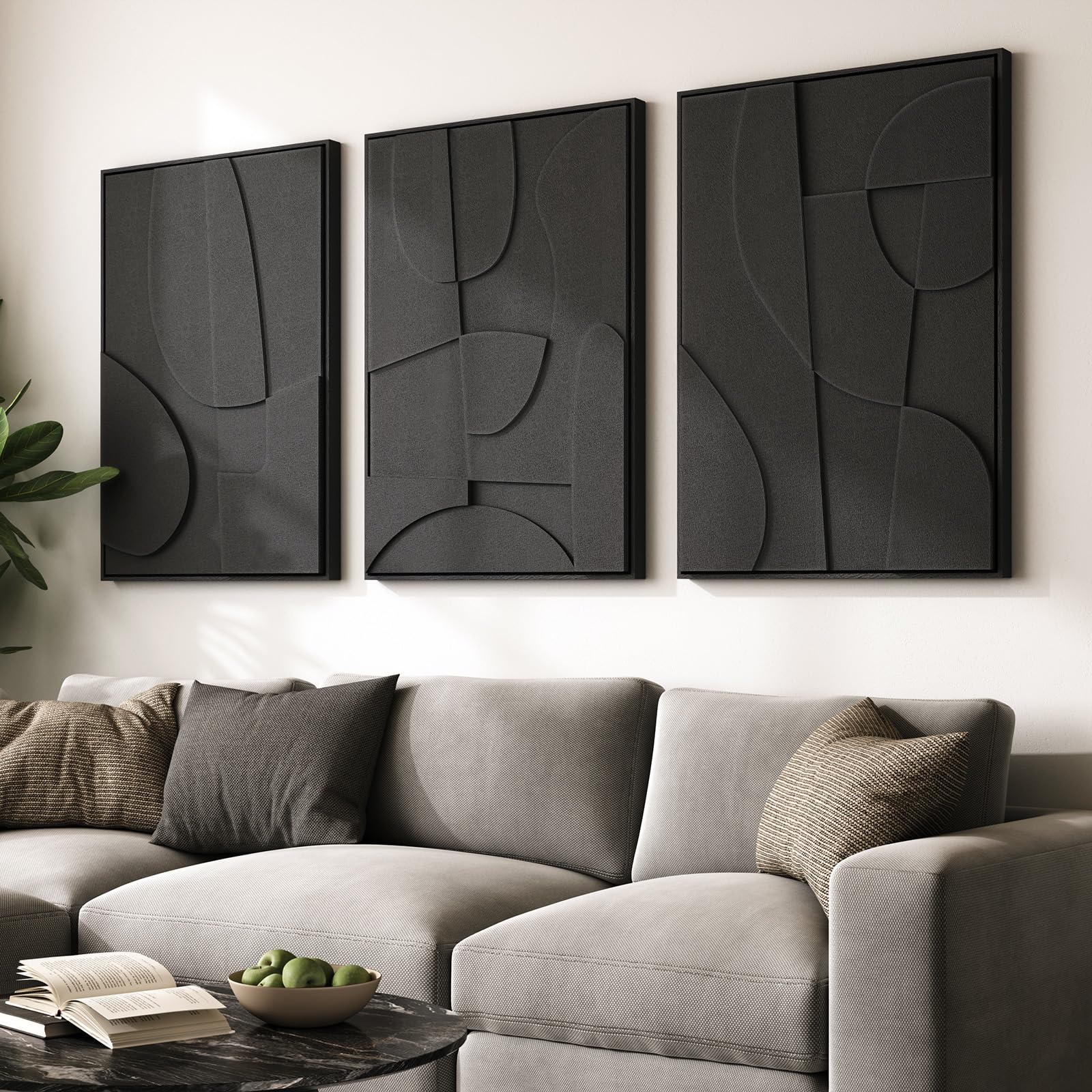 Large 3D Textured Framed Blue and White Abstract Wall Art for Living Room, 3 Piece Modern Artwork for Walls, Minimalist Navy Blue Geometric Paintings for Hallway, Stair, Office Wall Decor 24x36 In