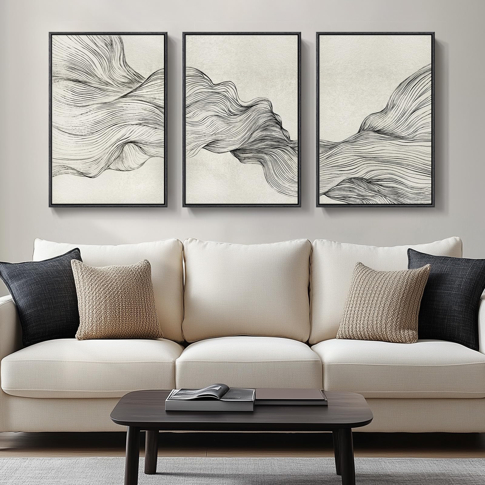 Large Framed Black and White Abstract Wall Art for Living Room, 3 Piece Big Modern Canvas Prints Paintings Artwork for Walls, Minimalist Abstract Art Pictures for Hallway, Office Wall Decor 24x36 In