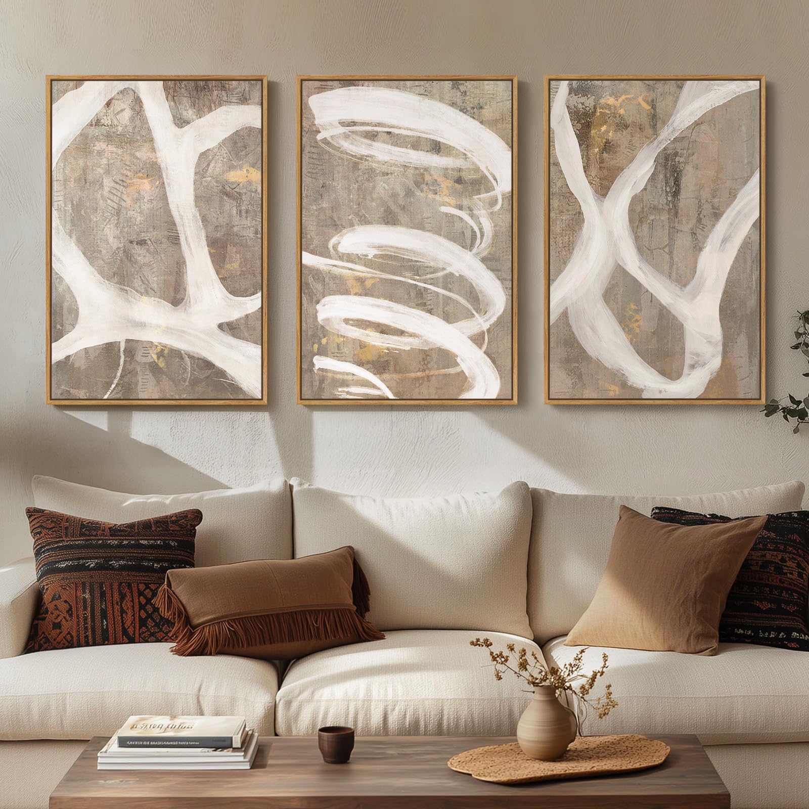 Large Framed Neutral Abstract Wall Art for Living Room, 3 Piece Modern Canvas Prints Paintings Artwork for Walls, Black and Beige Pictures for Living Room Hallway Stair Office Wall Decor 24x36 Inch