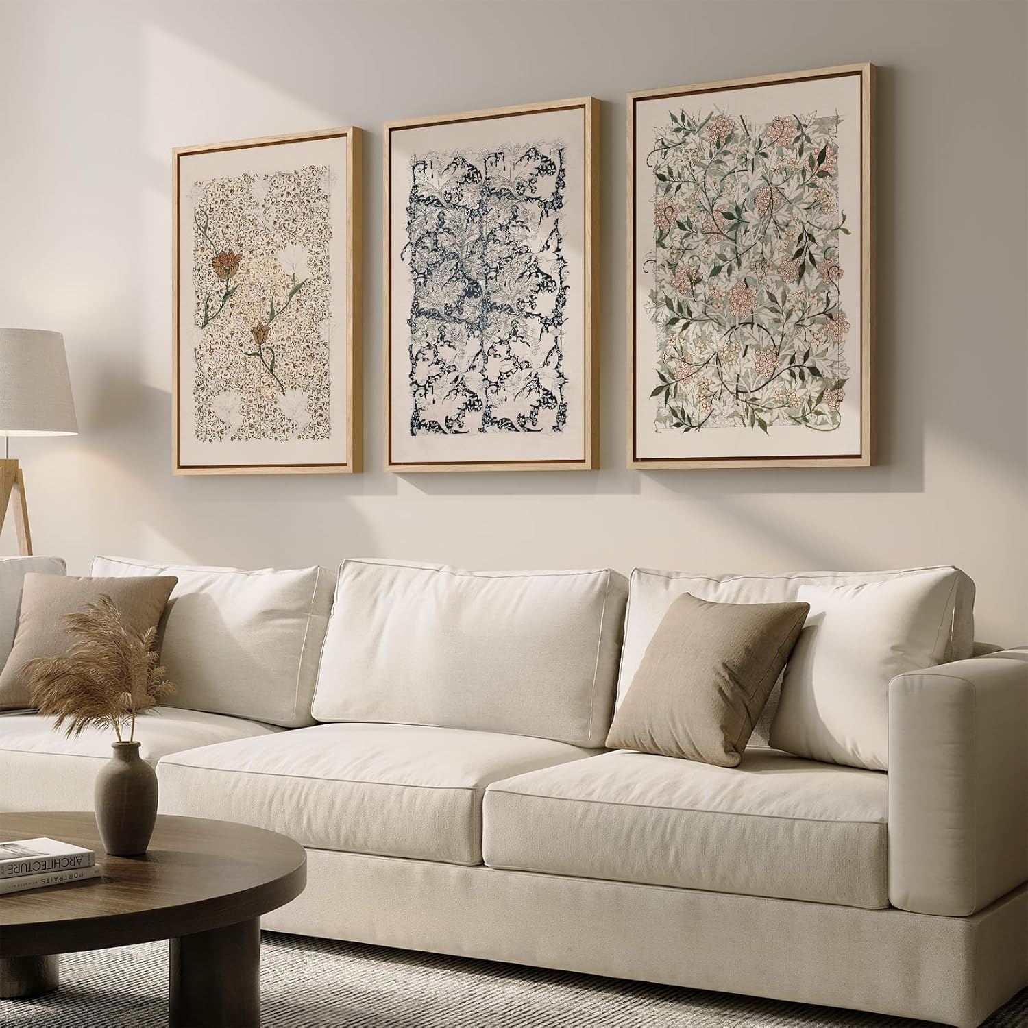 Framed Large William Morris Canvas Wall Art Set of 3, Vintage Nature Floral Artwork Prints, Boho Neutral Botanical Wall Decor for Living Room, Bedroom, Hallway and Office, Total Size 30x60