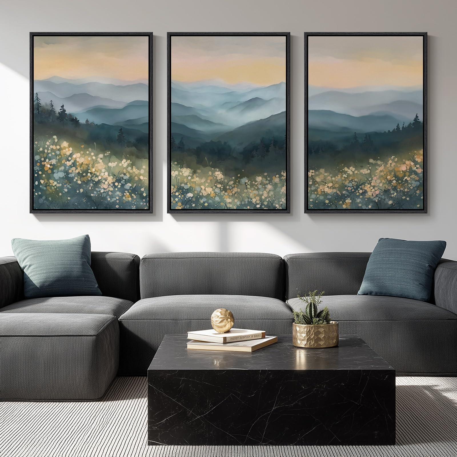 Framed Neutral Wall Art for Living Room, Large 3 Piece Abstract Pastel Grunge Forest Landscape Tree Canvas Artwork Set, Modern Art Decorative Nordic Painting Picture Prints for Hallway Office 24x36 In