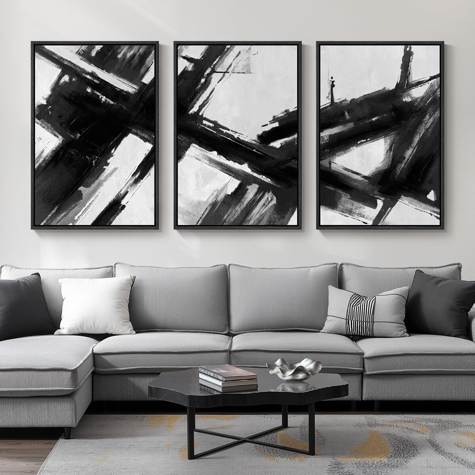 Large Framed Boho Modern Neutral Abstract Wall Art for Living Room, 3 Piece Black and White Canvas Prints Paintings Artwork for Walls, Geometric Pictures for Office Bedroom Dining Room Decor, 24x36 In