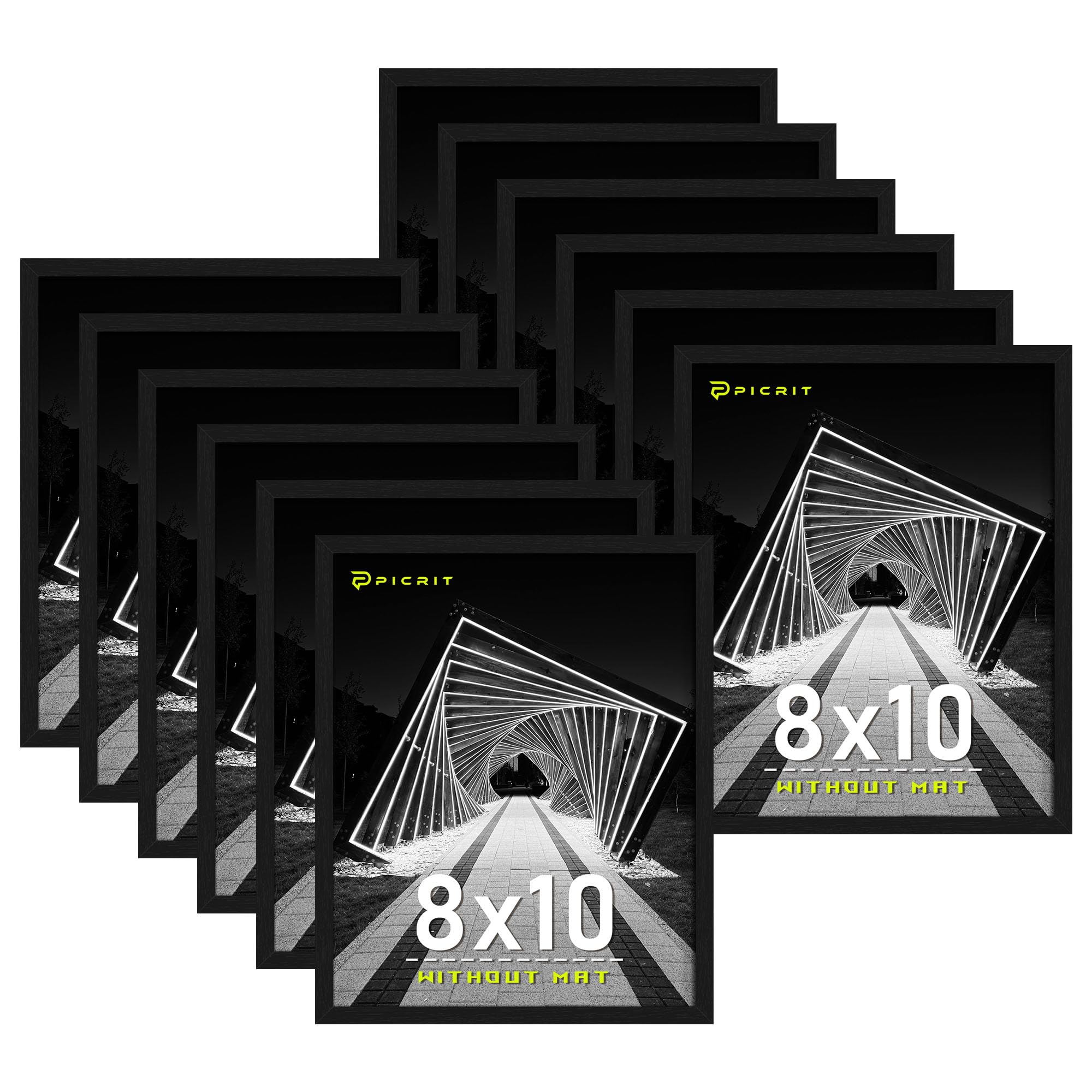 Picrit 8x10 Picture Frame Set of 12, Display 5x7 with Mat or 8x10 without Mat, Photo Frames for Wall Mounting or Table Top Display, Black