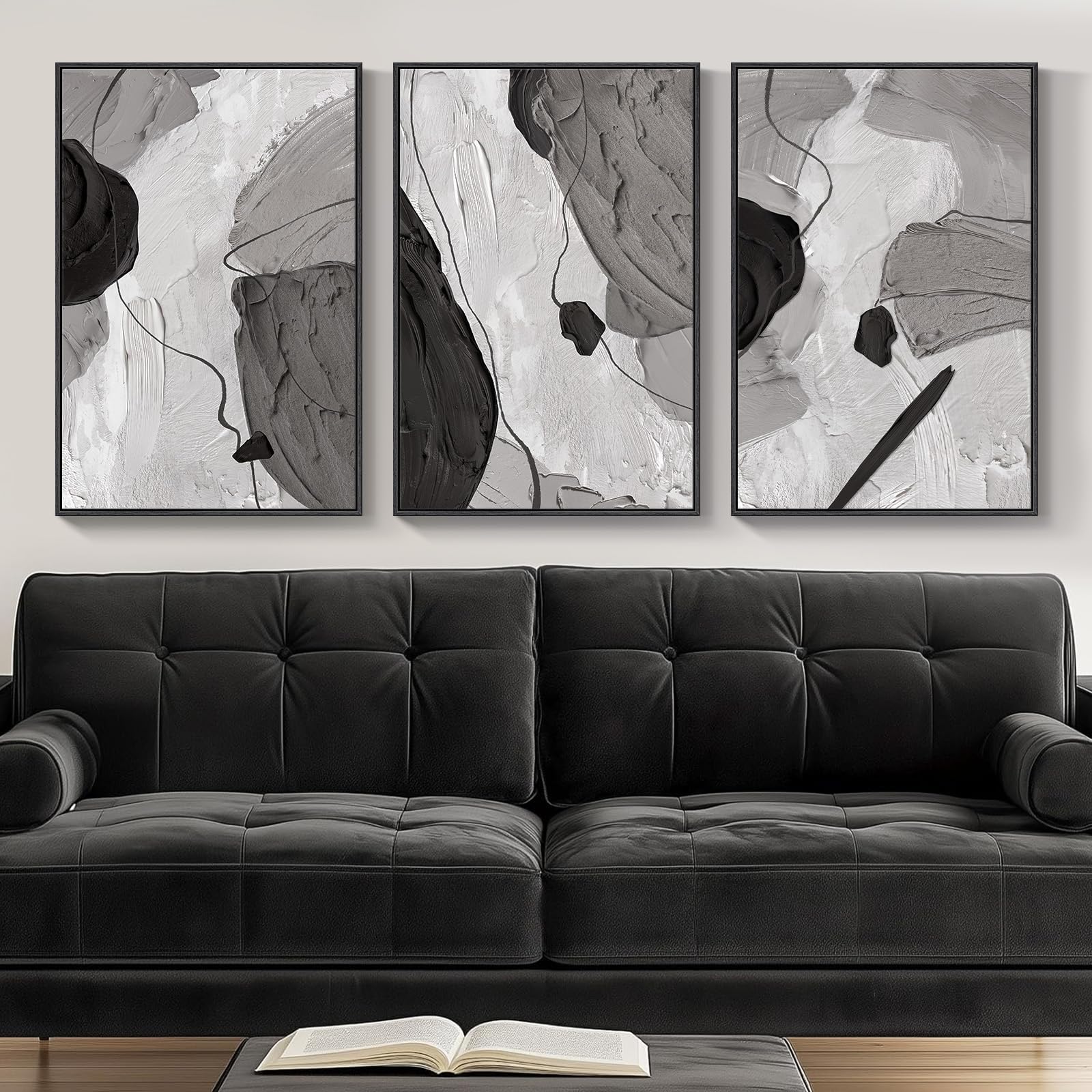 Large Framed Black and White Abstract Wall Art for Living Room, 3 Piece Big Modern Canvas Prints Paintings Artwork for Walls, Minimalist Abstract Art Pictures for Hallway, Office Wall Decor 24x36 In