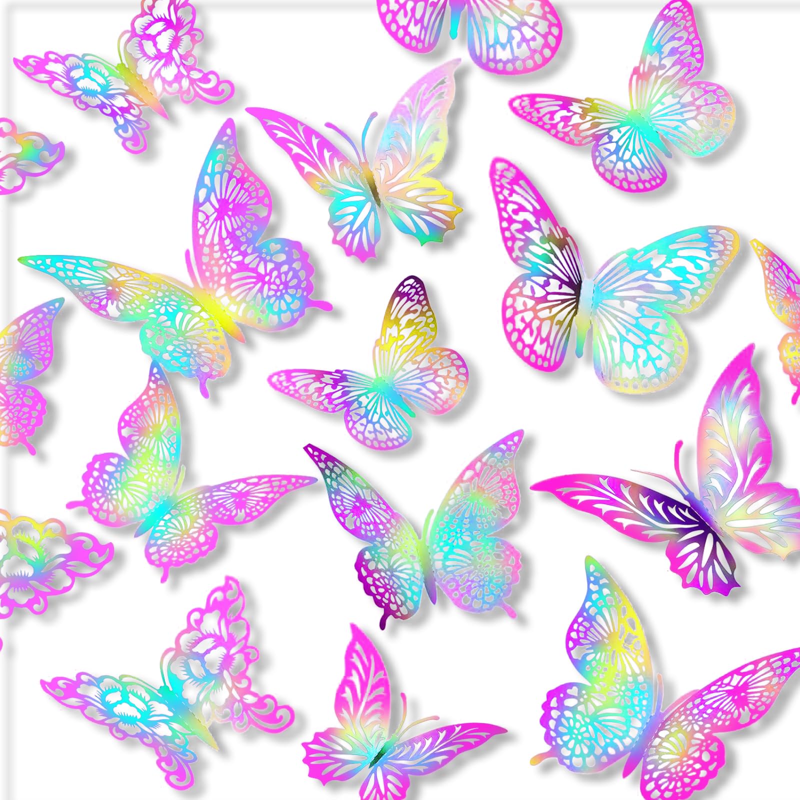 3D Pink Butterfly Wall Decor 3 Sizes 4 Styles Butterfly Party Decorations Cake Decorations Removable Stickers Wall Decor Room Mural Metallic Kids (Pink, 48Pcs)