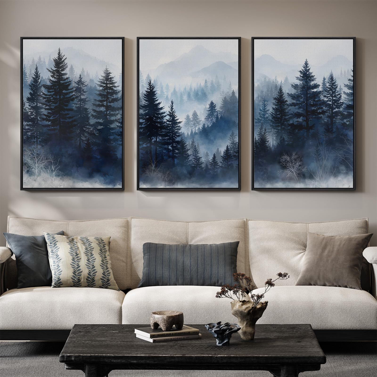 Framed Neutral Wall Art for Living Room, Large 3 Piece Abstract Pastel Grunge Forest Landscape Tree Canvas Artwork Set, Modern Art Decorative Nordic Painting Picture Prints for Hallway Office 24x36 In