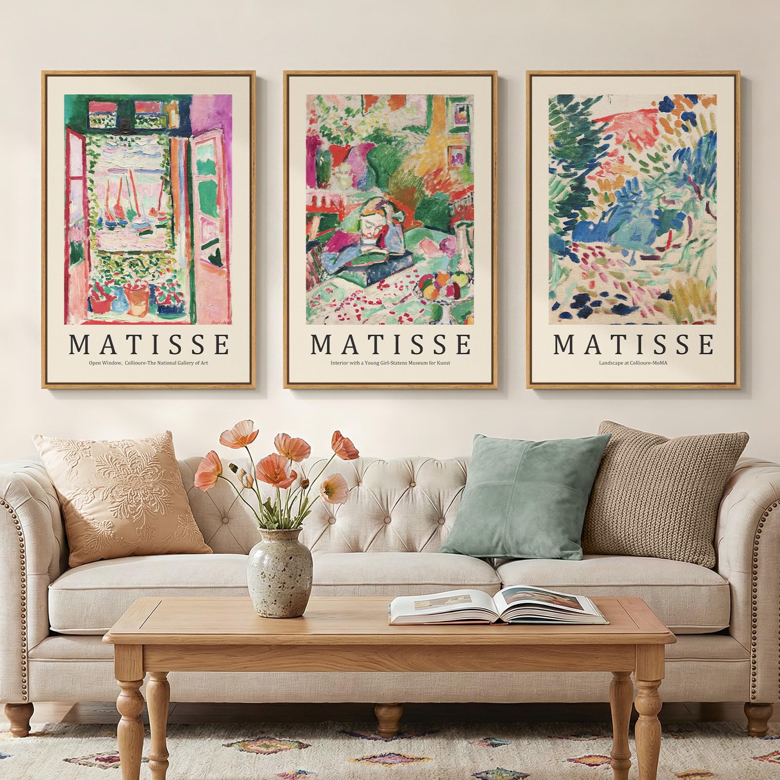 Framed Large William Morris Canvas Wall Art Set of 3, Vintage Nature Floral Artwork Prints, Boho Neutral Botanical Wall Decor for Living Room, Bedroom, Hallway and Office, Total Size 30x60