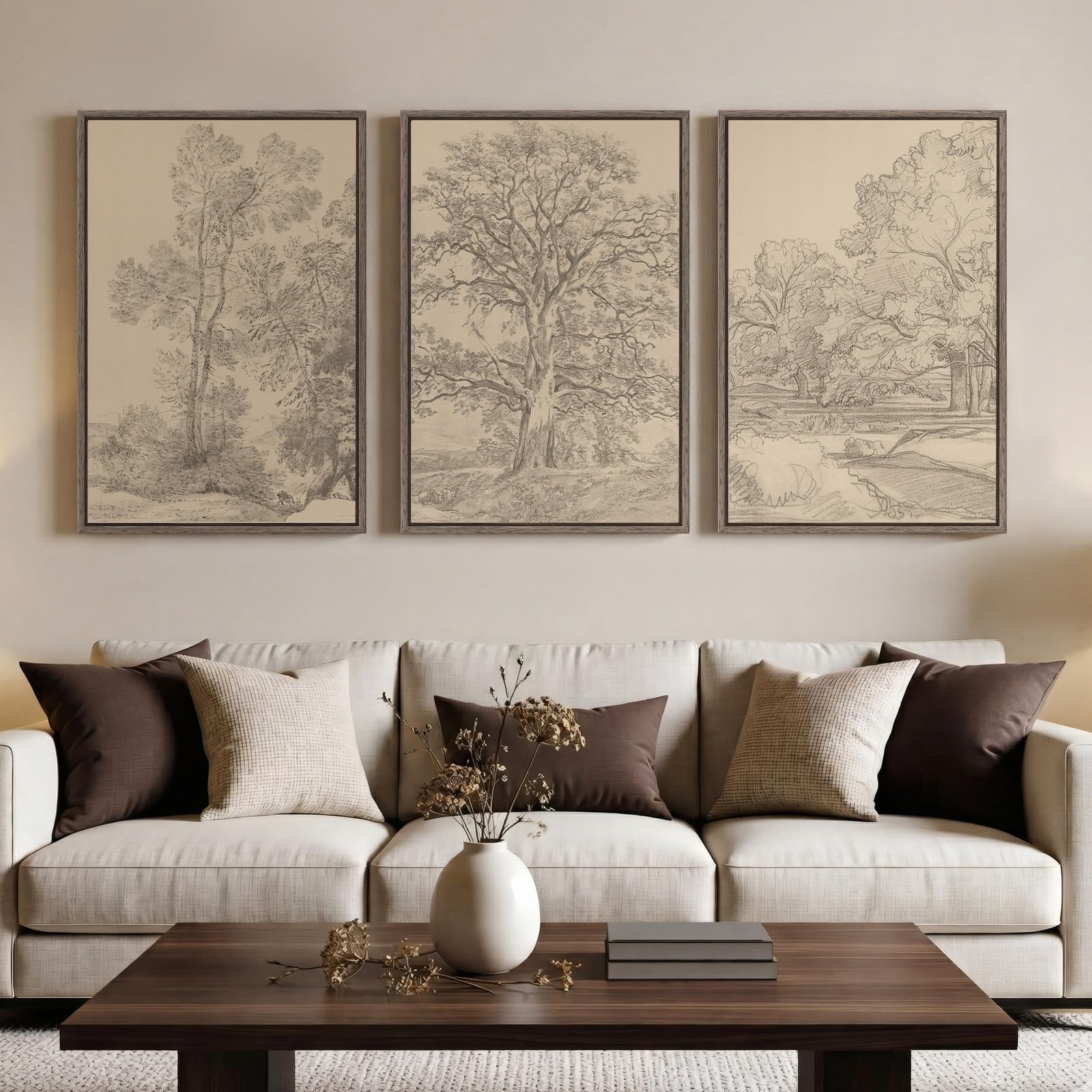 Framed Neutral Wall Art for Living Room, Large 3 Piece Abstract Pastel Grunge Forest Landscape Tree Canvas Artwork Set, Modern Art Decorative Nordic Painting Picture Prints for Hallway Office 24x36 In