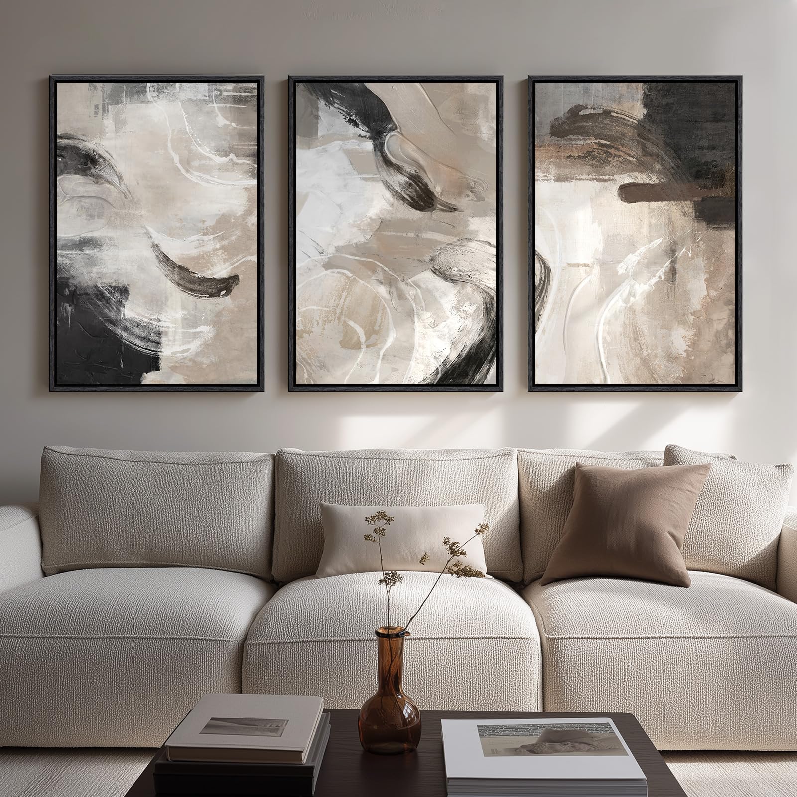 Large Framed Neutral Abstract Wall Art for Living Room, 3 Piece Modern Canvas Prints Paintings Artwork for Walls, Black and Beige Pictures for Living Room Hallway Stair Office Wall Decor 24x36 Inch