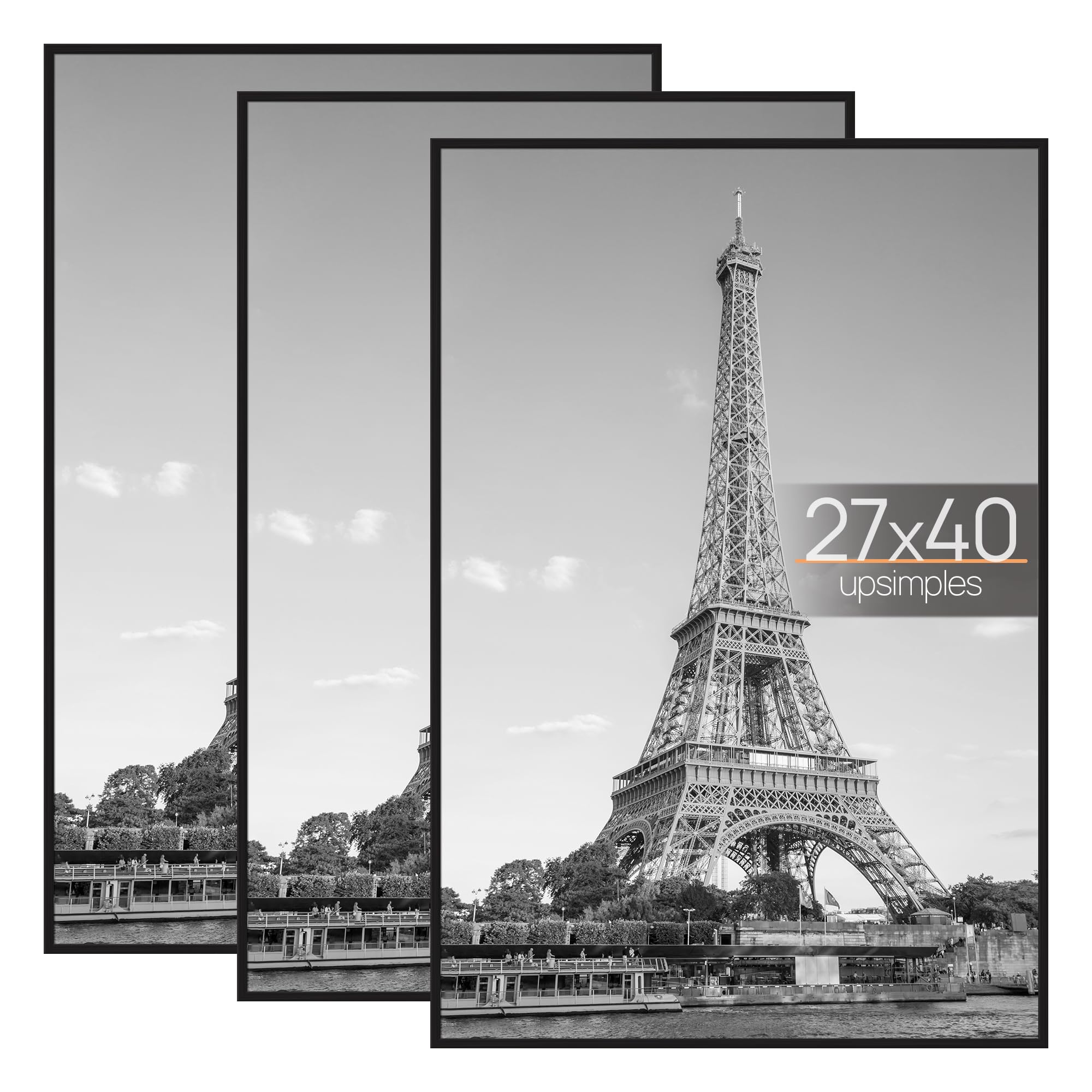 upsimples 16x24 Picture Frame Black 3 Pack, Scratch-Proof Poster Frames 16 x 24 for Photo Gallery - Slide-In Strips, Horizontal or Vertical Wall Mounting