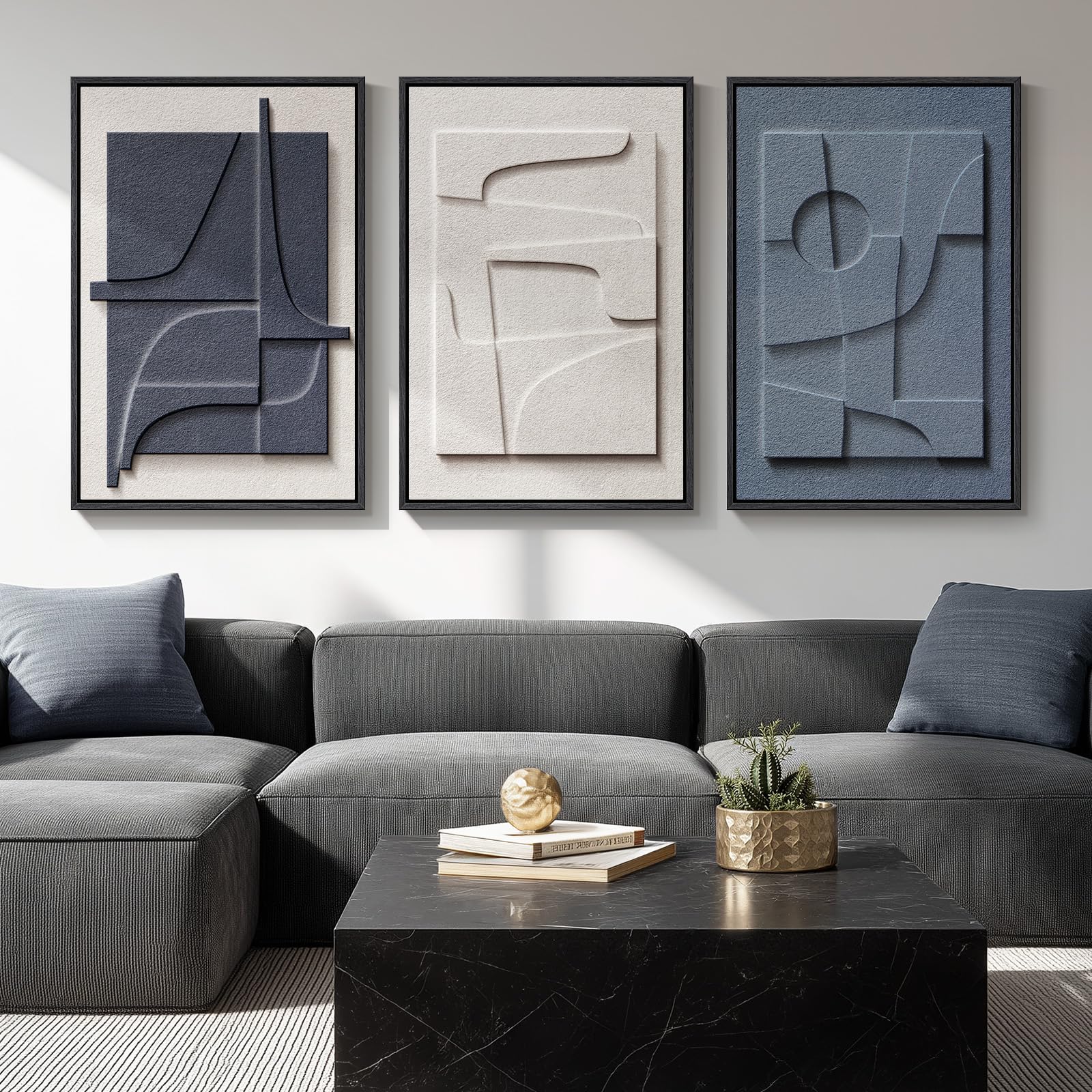 Large 3D Textured Framed Blue and White Abstract Wall Art for Living Room, 3 Piece Modern Artwork for Walls, Minimalist Navy Blue Geometric Paintings for Hallway, Stair, Office Wall Decor 24x36 In