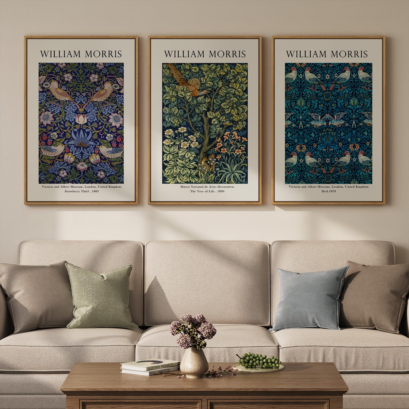 Framed Large William Morris Canvas Wall Art Set of 3, Vintage Nature Floral Artwork Prints, Boho Neutral Botanical Wall Decor for Living Room, Bedroom, Hallway and Office, Total Size 30x60
