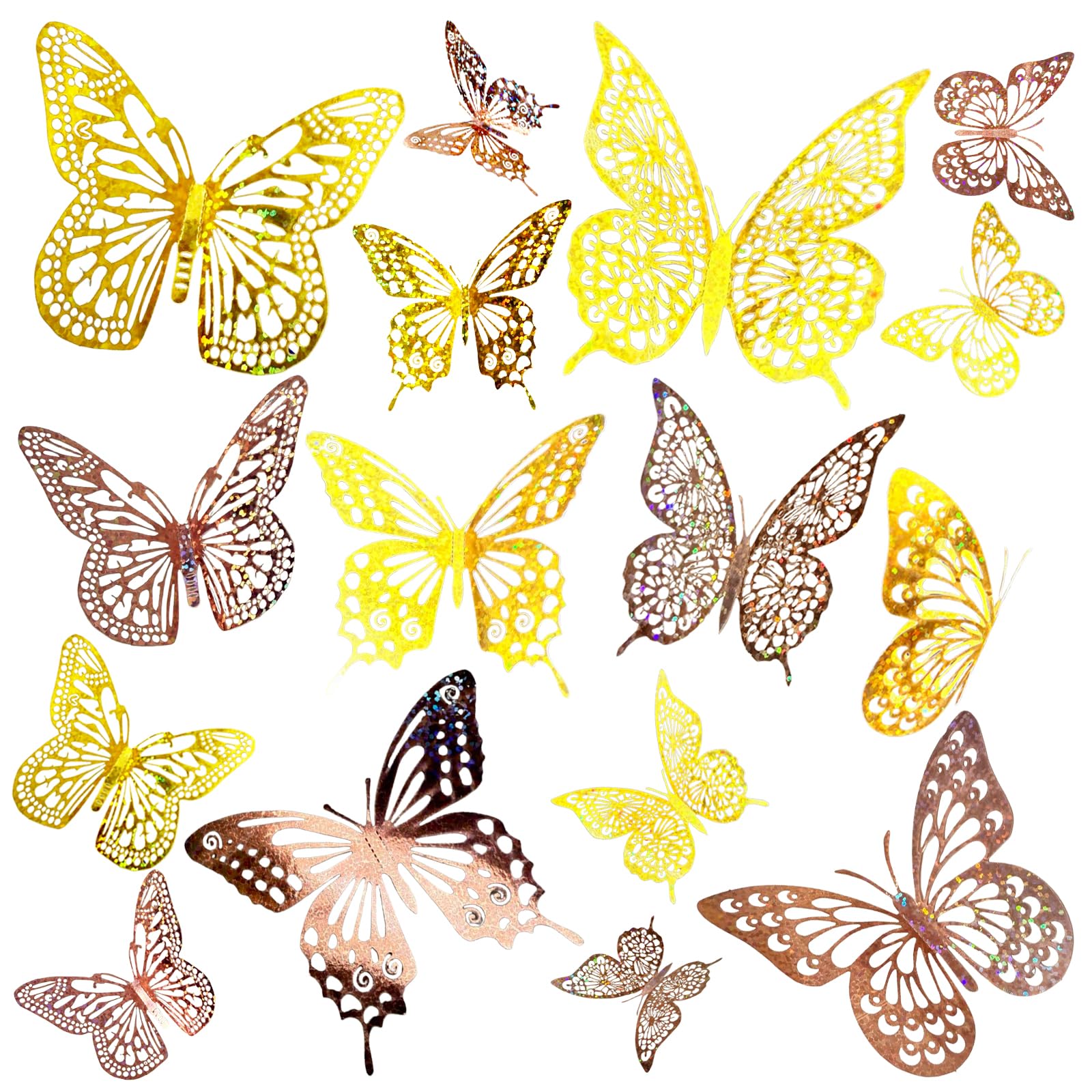 JOSDIOX 3D Butterfly Wall Decor Sticker -48 Pcs, 4 Styles, 3 Sizes Gold Butterflies Decoration for Party, Birthday & Wedding Celebrations, Cake Decorating, Balloons, Removable Stickers.