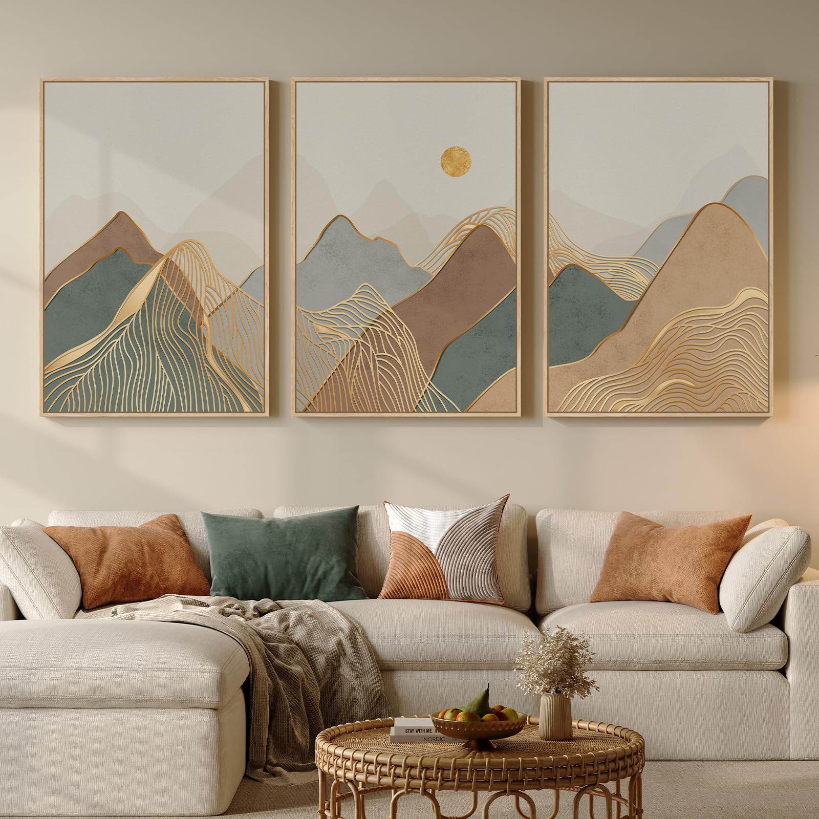 Framed Neutral Wall Art for Living Room, Large 3 Piece Abstract Pastel Grunge Forest Landscape Tree Canvas Artwork Set, Modern Art Decorative Nordic Painting Picture Prints for Hallway Office 24x36 In