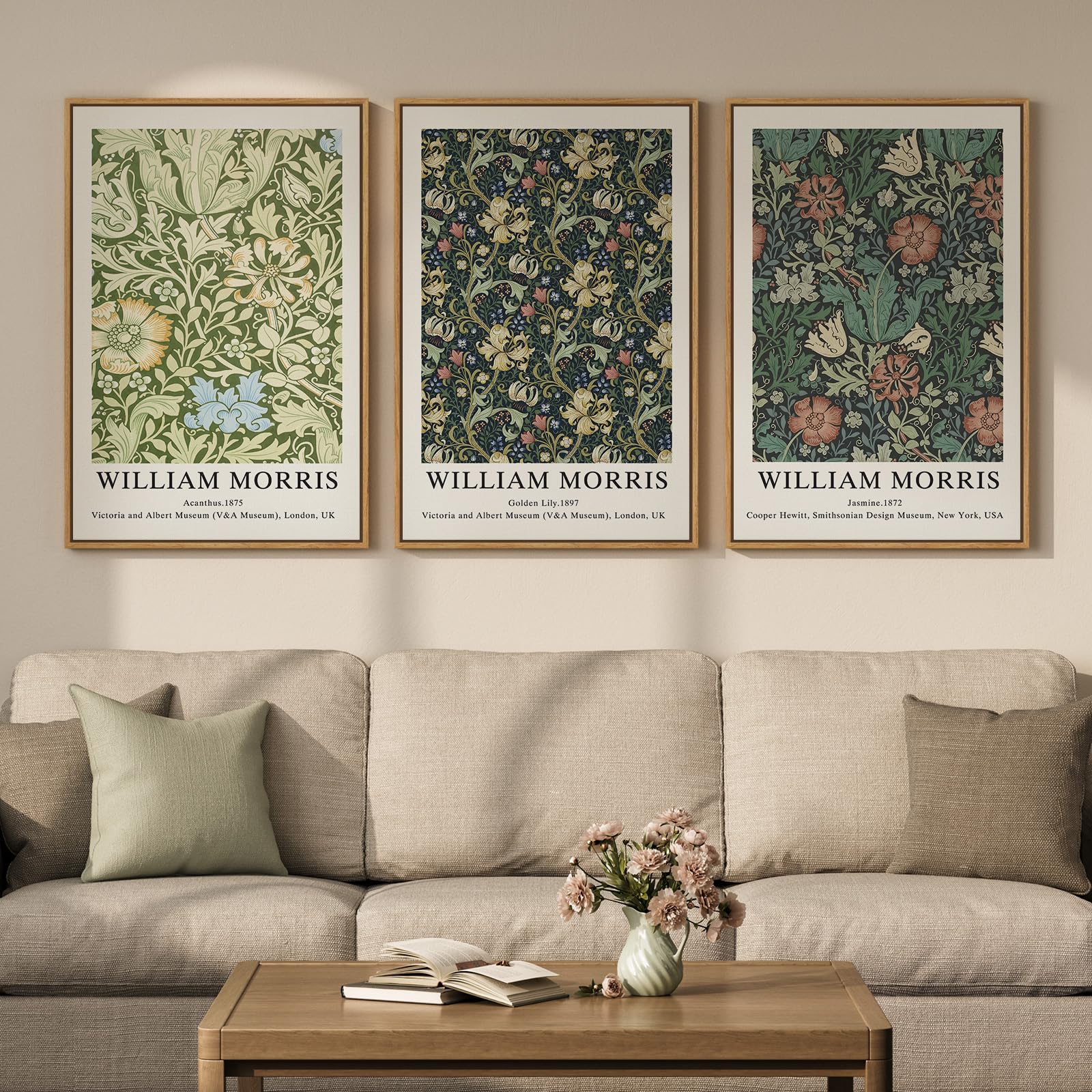 Framed Large William Morris Canvas Wall Art Set of 3, Vintage Nature Floral Artwork Prints, Boho Neutral Botanical Wall Decor for Living Room, Bedroom, Hallway and Office, Total Size 30x60