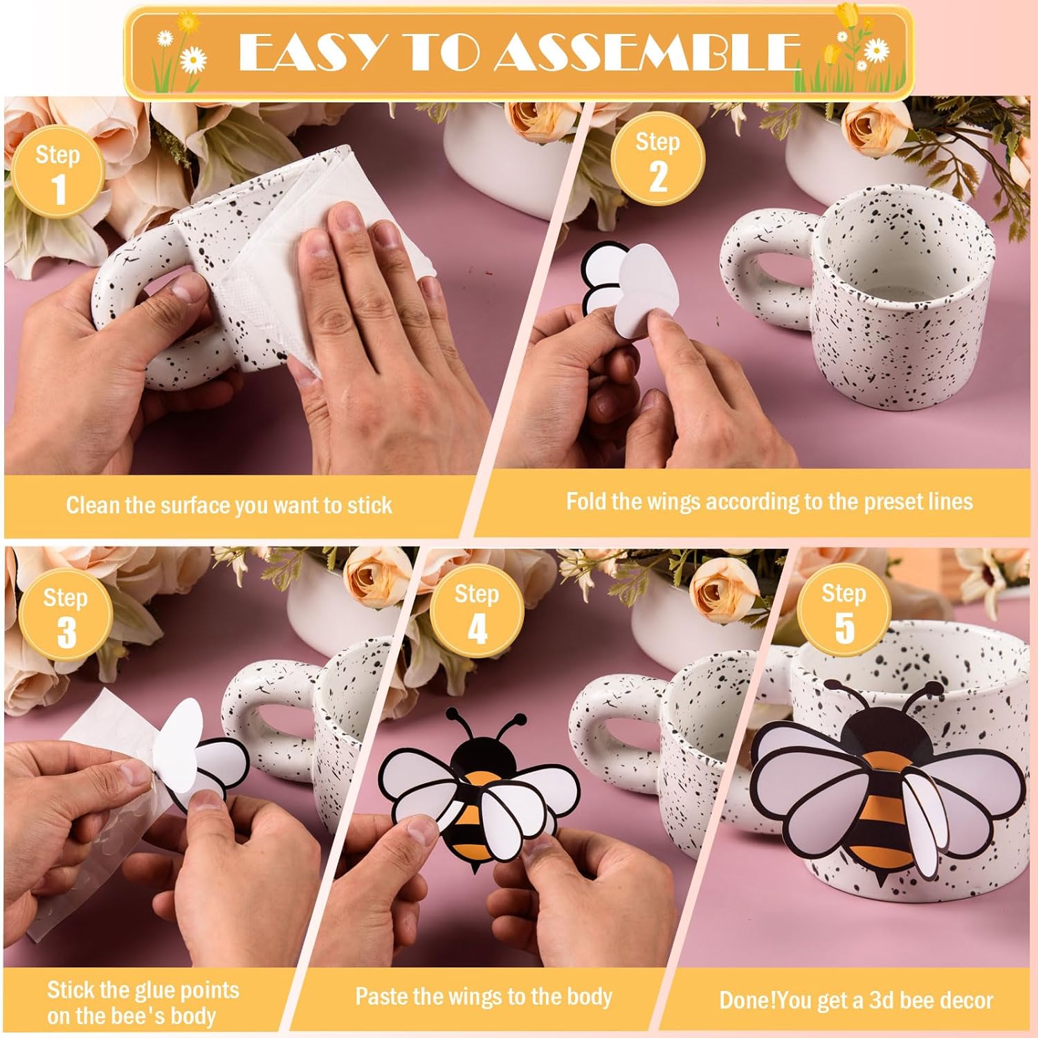 FOBSME 60 Pcs 3D Bee Stickers 3 Sizes Tiny Ornaments for Honey Bee Party Wall Decal Decorations Yellow Honey Bees Clings for Home Classroom Office Fridge Window Decor Spring Summer Party Supplies