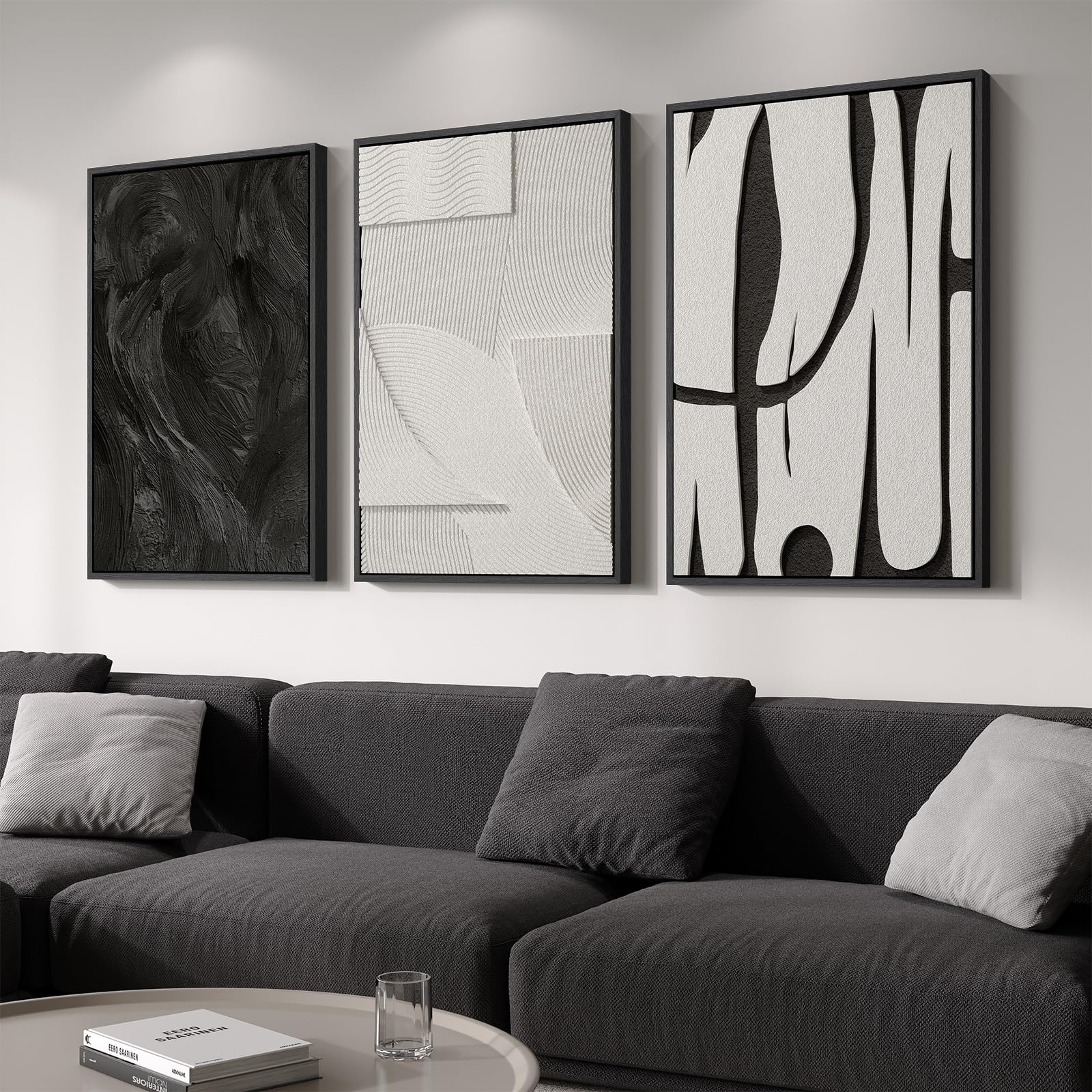 Large 3D Textured Framed Blue and White Abstract Wall Art for Living Room, 3 Piece Modern Artwork for Walls, Minimalist Navy Blue Geometric Paintings for Hallway, Stair, Office Wall Decor 24x36 In