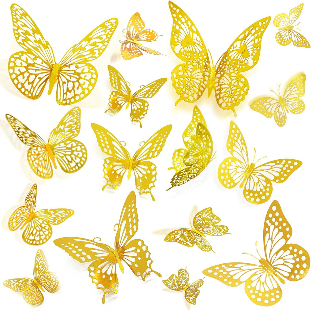 JOSDIOX 3D Butterfly Wall Decor Sticker -48 Pcs, 4 Styles, 3 Sizes Gold Butterflies Decoration for Party, Birthday & Wedding Celebrations, Cake Decorating, Balloons, Removable Stickers.