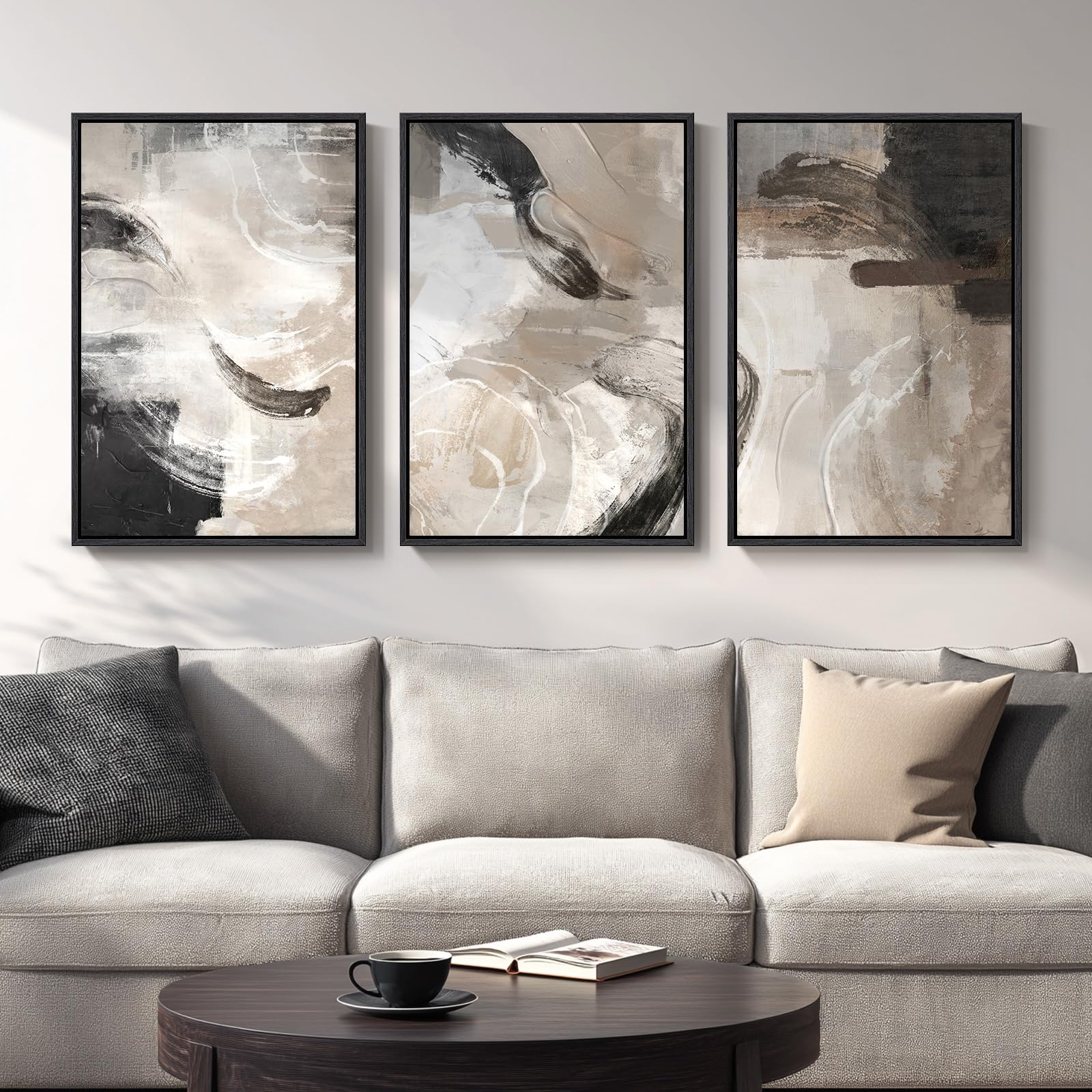Large Framed Neutral Abstract Wall Art for Living Room, 3 Piece Modern Canvas Prints Paintings Artwork for Walls, Black Beige Brown Neutral Tone Pictures for Hallway Bedroom Office Wall Decor 24x36 In