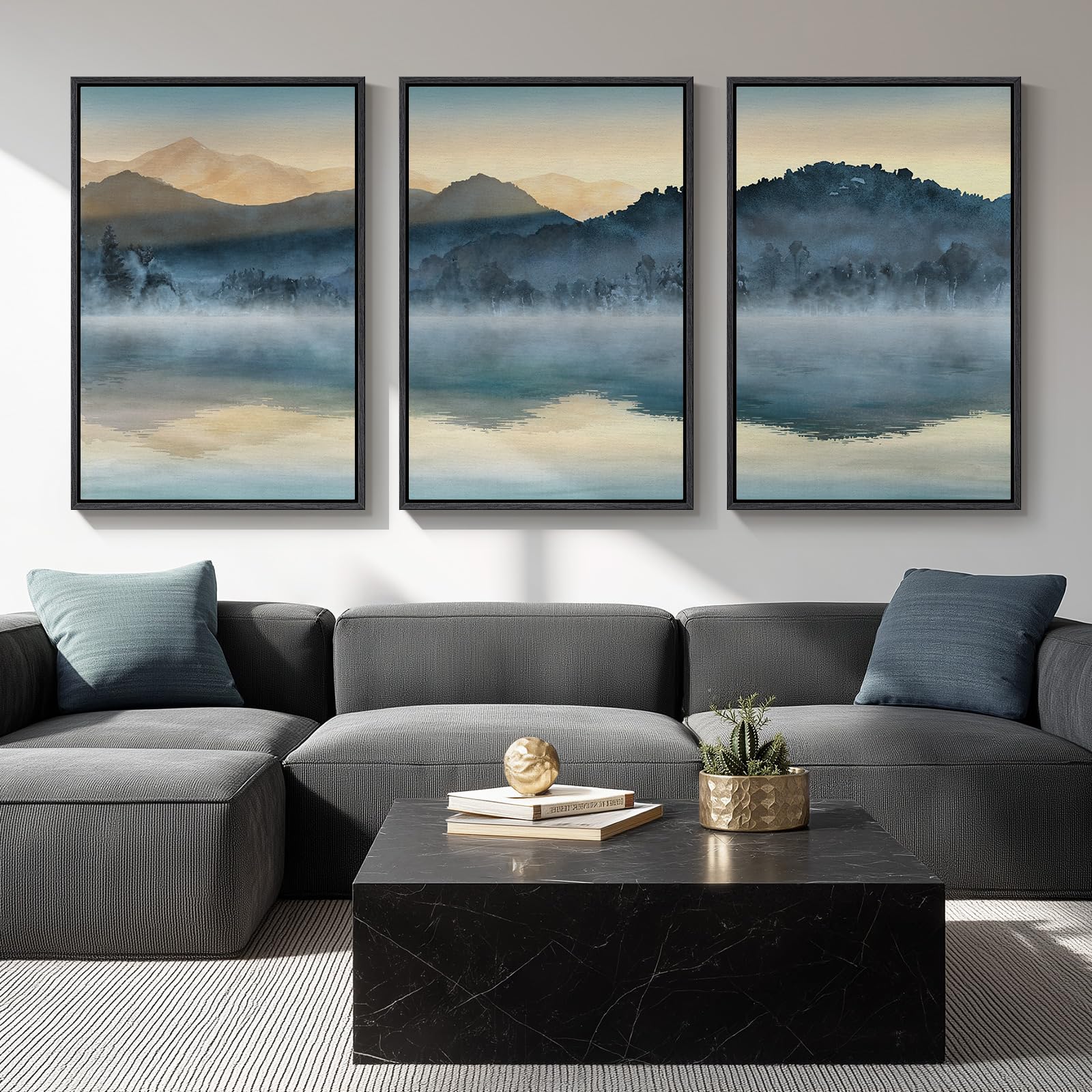 Framed Neutral Wall Art for Living Room, Large 3 Piece Abstract Pastel Grunge Forest Landscape Tree Canvas Artwork Set, Modern Art Decorative Nordic Painting Picture Prints for Hallway Office 24x36 In