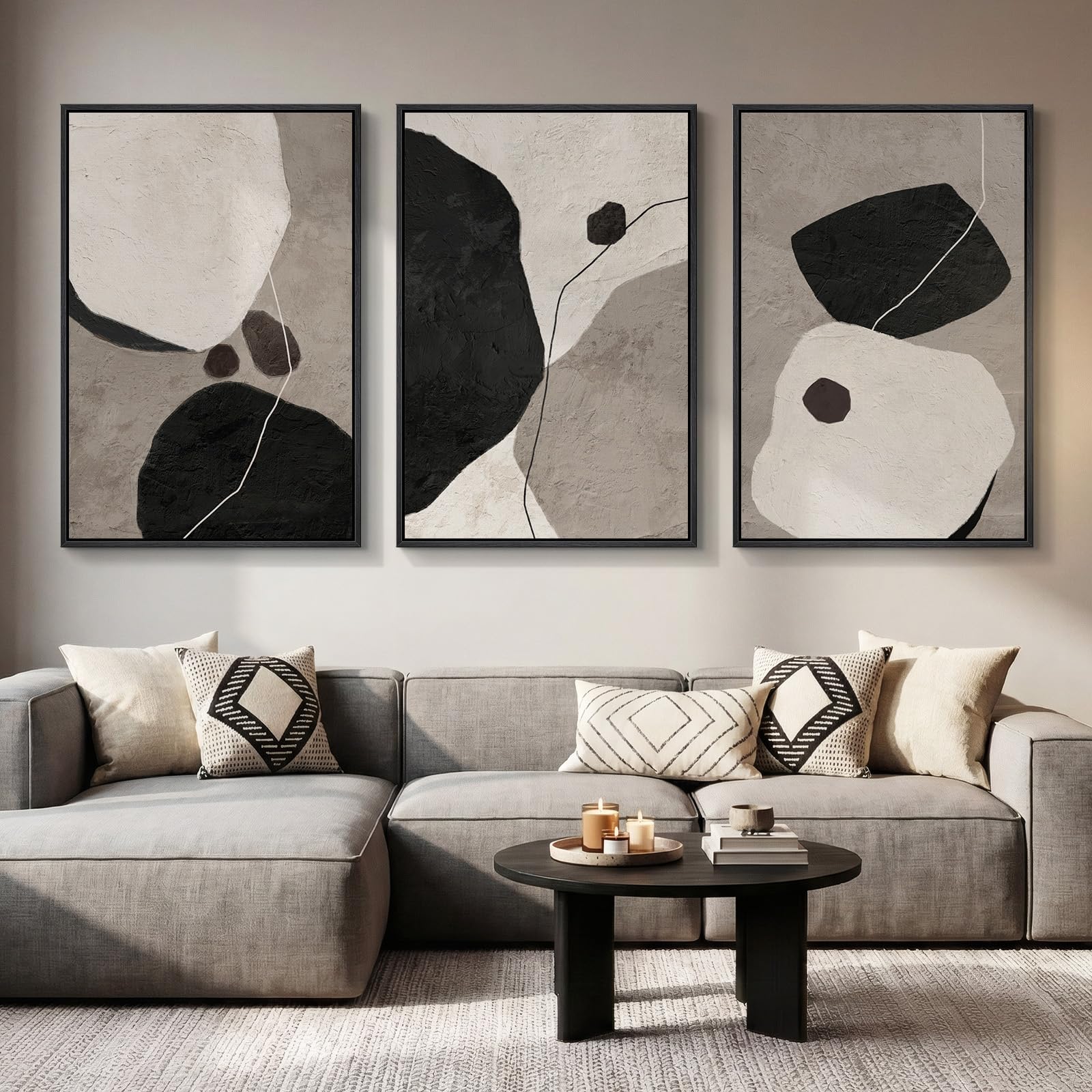 Large Framed Neutral Abstract Wall Art for Living Room, 3 Piece Modern Canvas Prints Paintings Artwork for Walls, Black and Beige Pictures for Living Room Hallway Stair Office Wall Decor 24x36 Inch