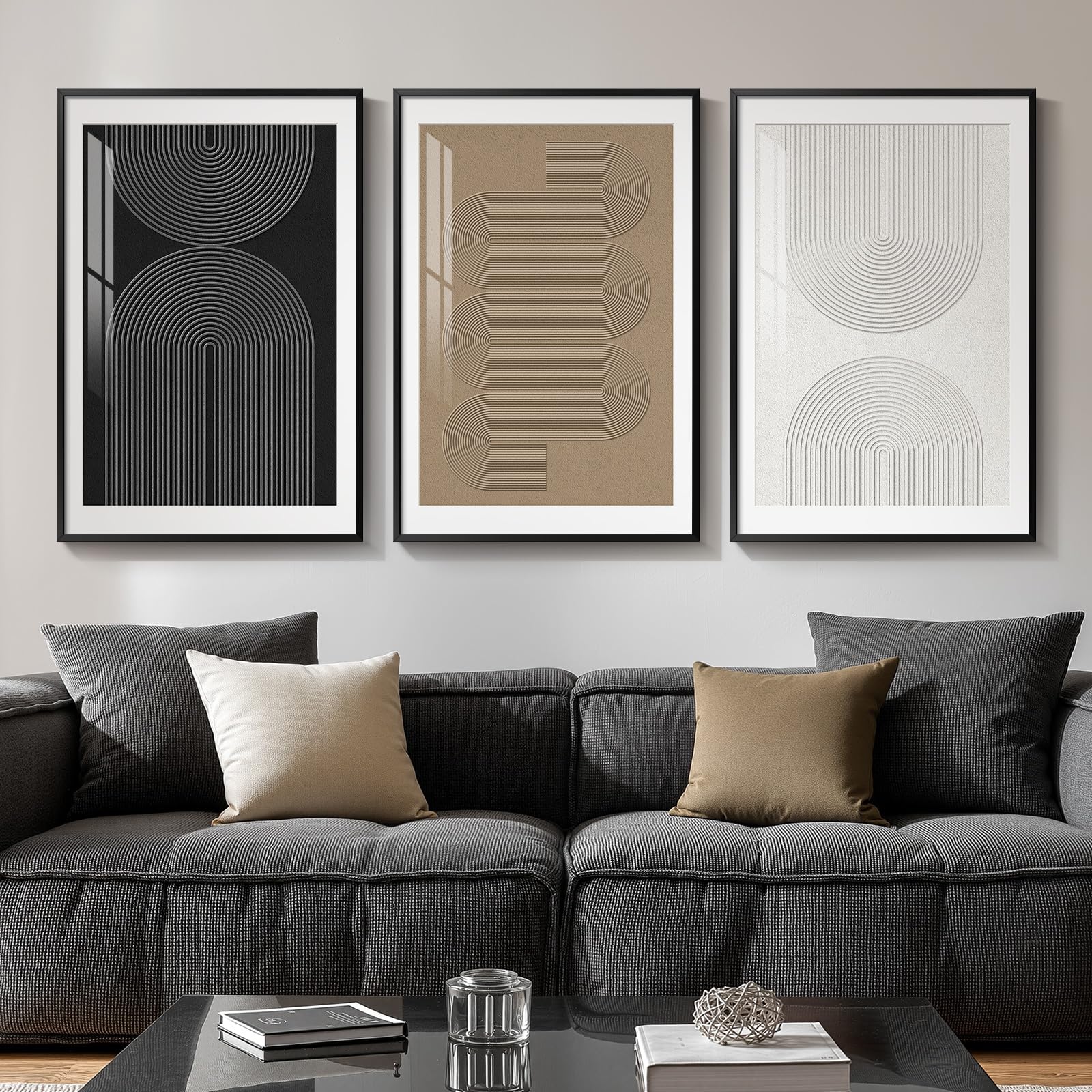 Large Framed Boho Modern Neutral Abstract Wall Art for Living Room, 3 Piece Black and White Canvas Prints Paintings Artwork for Walls, Geometric Pictures for Office Bedroom Dining Room Decor, 24x36 In