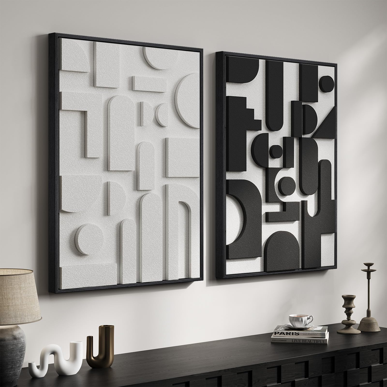 Large 3D Textured Framed Blue and White Abstract Wall Art for Living Room, 3 Piece Modern Artwork for Walls, Minimalist Navy Blue Geometric Paintings for Hallway, Stair, Office Wall Decor 24x36 In
