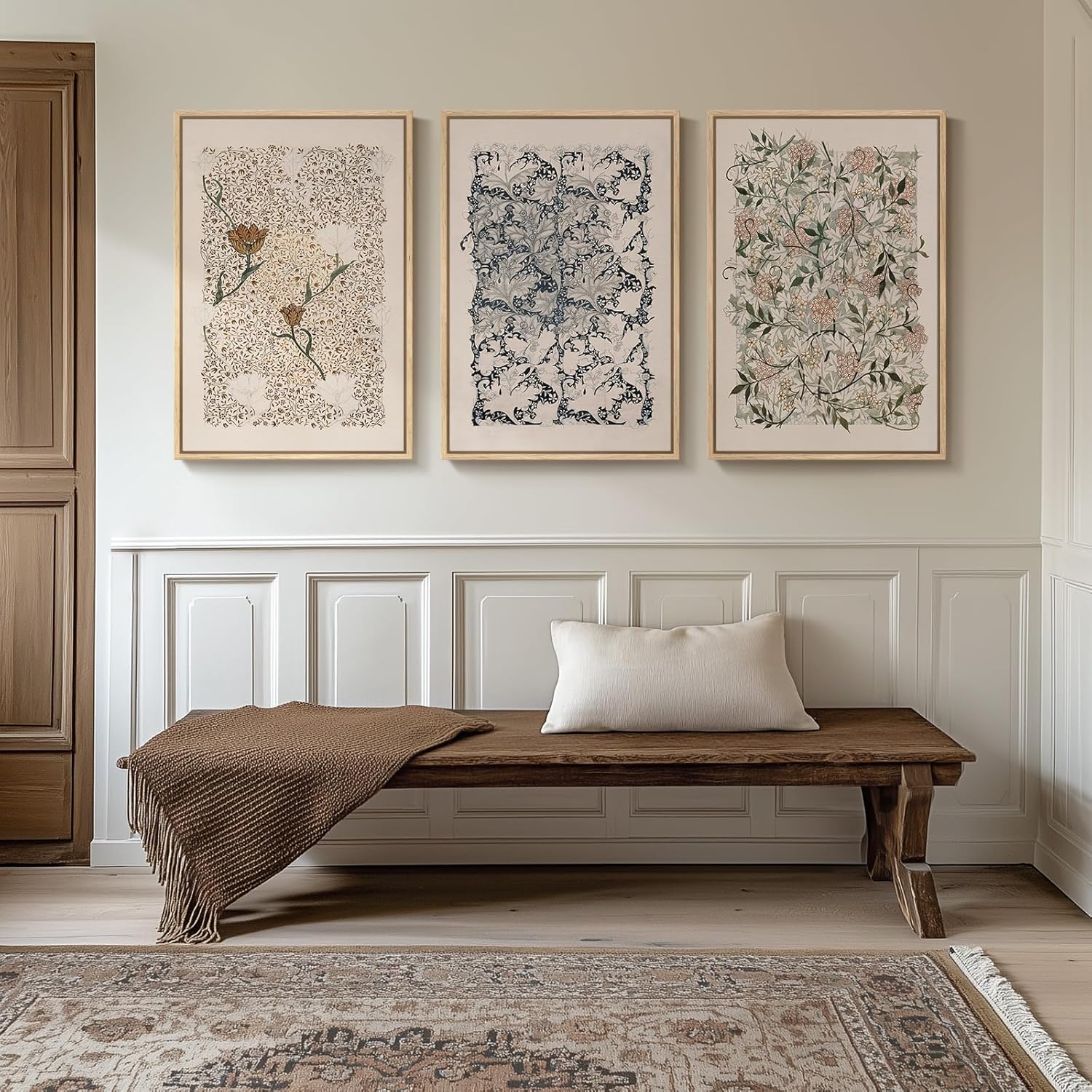 Framed Large William Morris Canvas Wall Art Set of 3, Vintage Nature Floral Artwork Prints, Boho Neutral Botanical Wall Decor for Living Room, Bedroom, Hallway and Office, Total Size 30x60