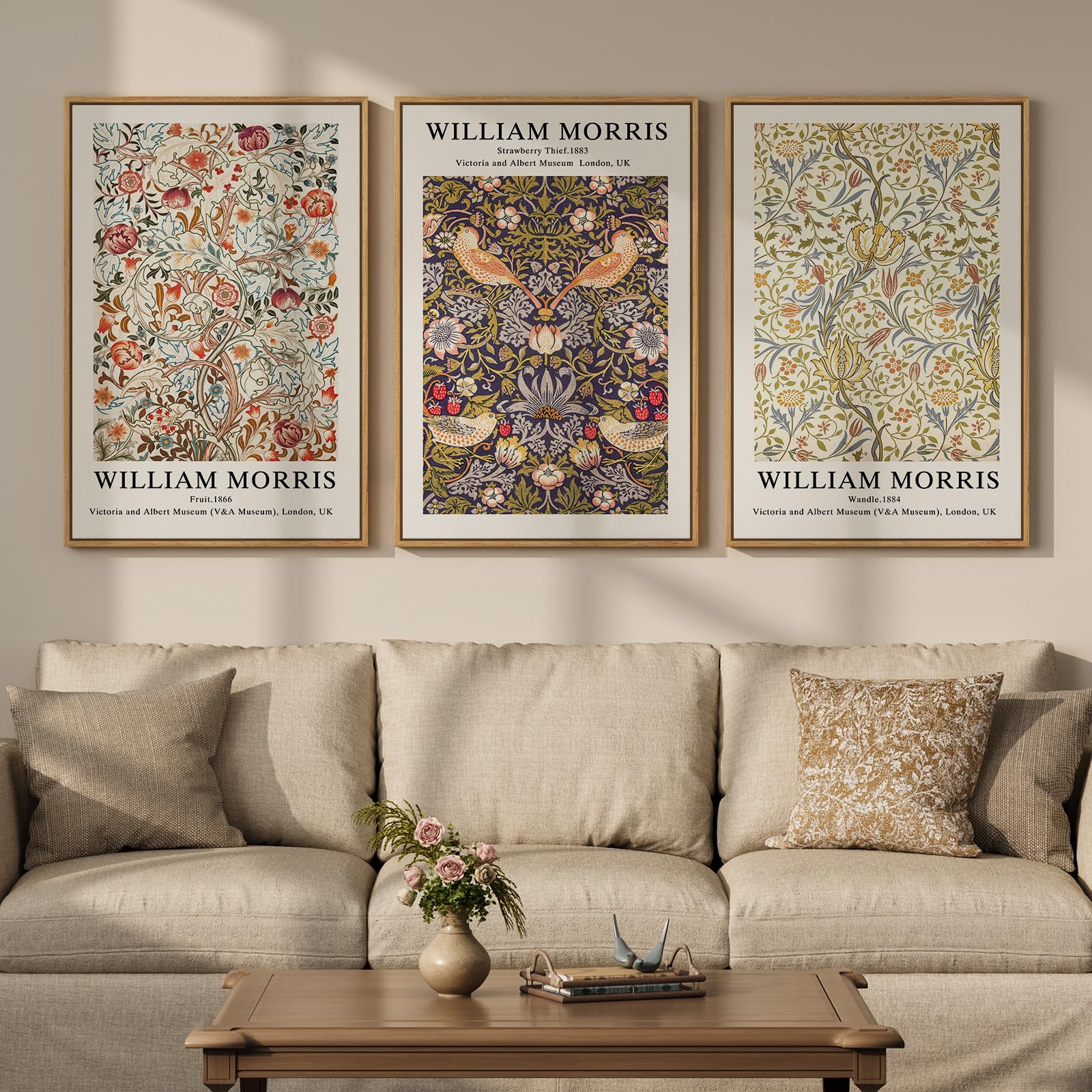 Framed Large William Morris Canvas Wall Art Set of 3, Vintage Nature Floral Artwork Prints, Boho Neutral Botanical Wall Decor for Living Room, Bedroom, Hallway and Office, Total Size 30x60