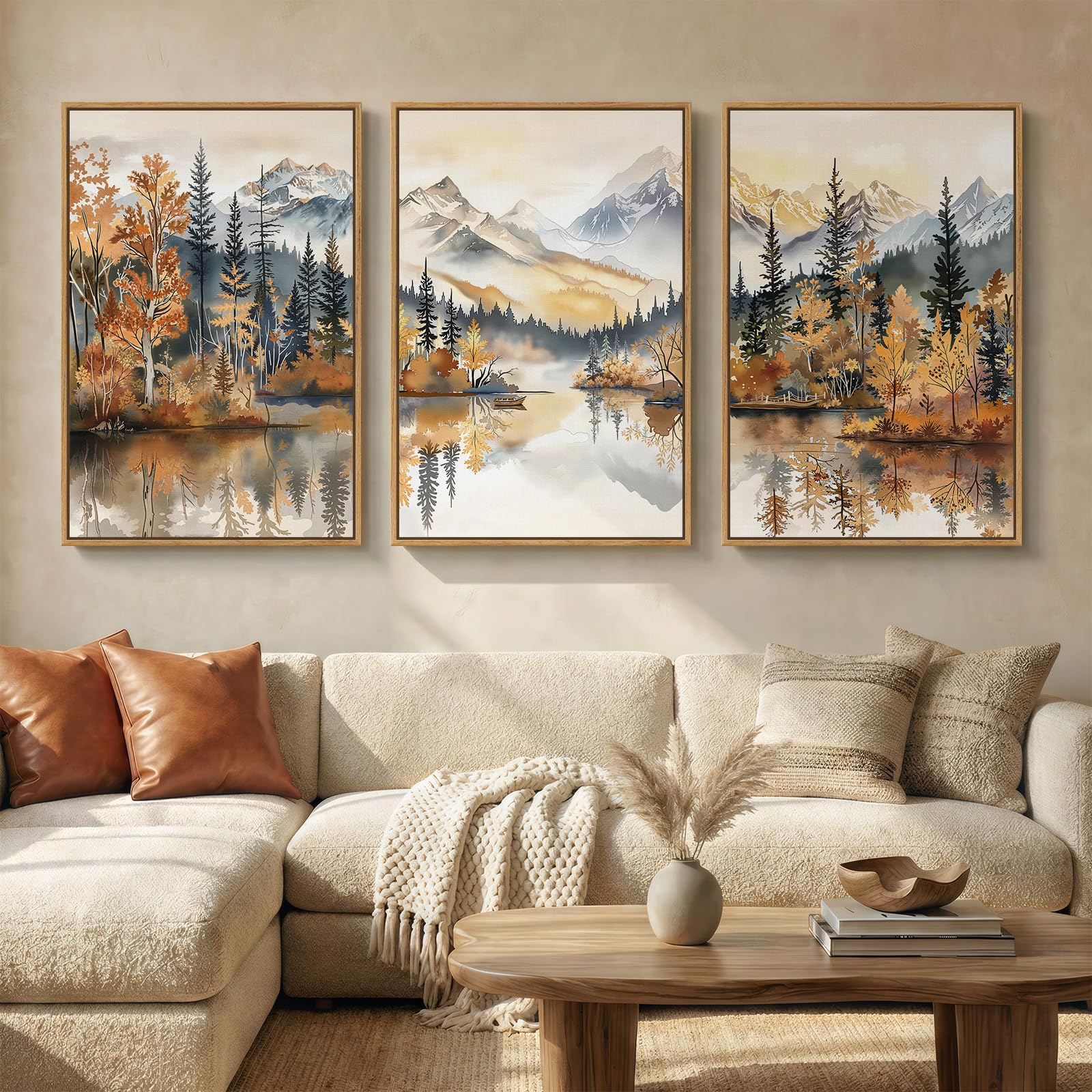 Framed Neutral Wall Art for Living Room, Large 3 Piece Abstract Pastel Grunge Forest Landscape Tree Canvas Artwork Set, Modern Art Decorative Nordic Painting Picture Prints for Hallway Office 24x36 In