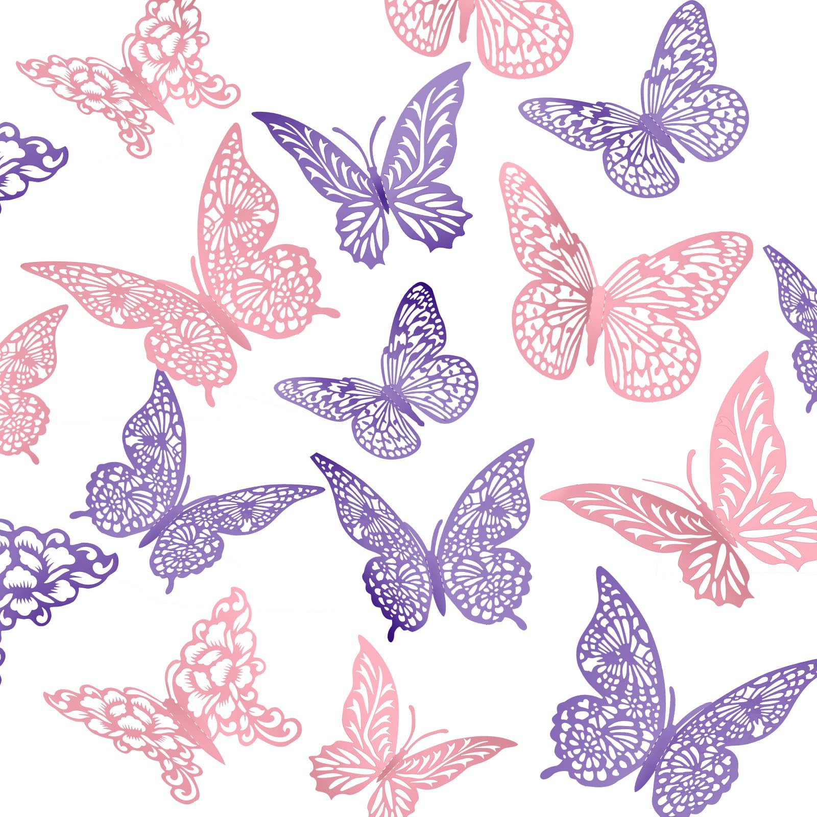 3D Pink Butterfly Wall Decor 3 Sizes 4 Styles Butterfly Party Decorations Cake Decorations Removable Stickers Wall Decor Room Mural Metallic Kids (Pink, 48Pcs)