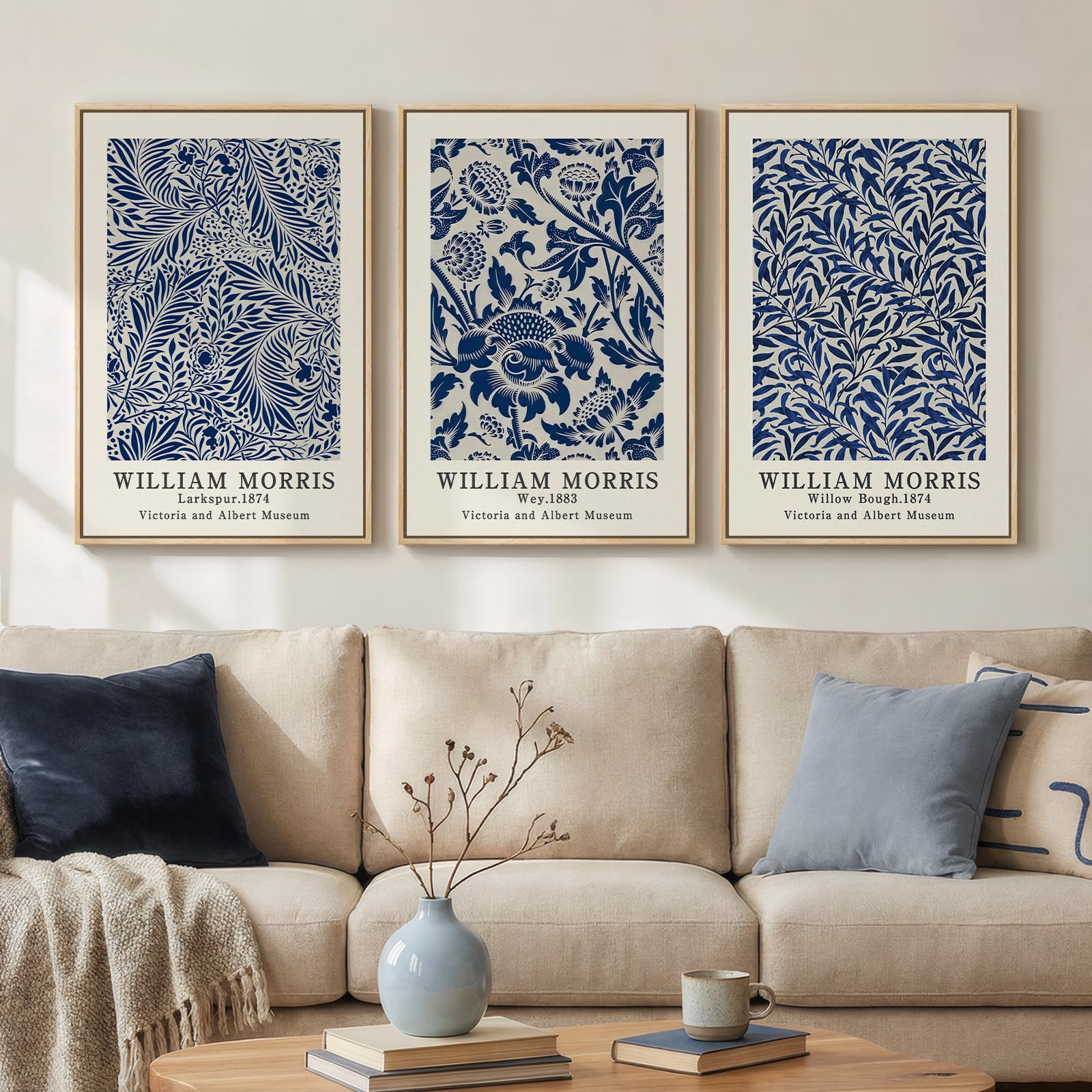 Framed Large William Morris Canvas Wall Art Set of 3, Vintage Nature Floral Artwork Prints, Boho Neutral Botanical Wall Decor for Living Room, Bedroom, Hallway and Office, Total Size 30x60