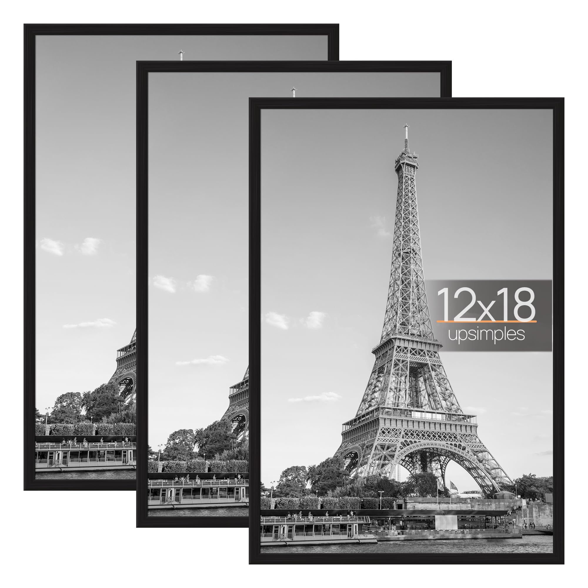 upsimples 16x24 Picture Frame Black 3 Pack, Scratch-Proof Poster Frames 16 x 24 for Photo Gallery - Slide-In Strips, Horizontal or Vertical Wall Mounting