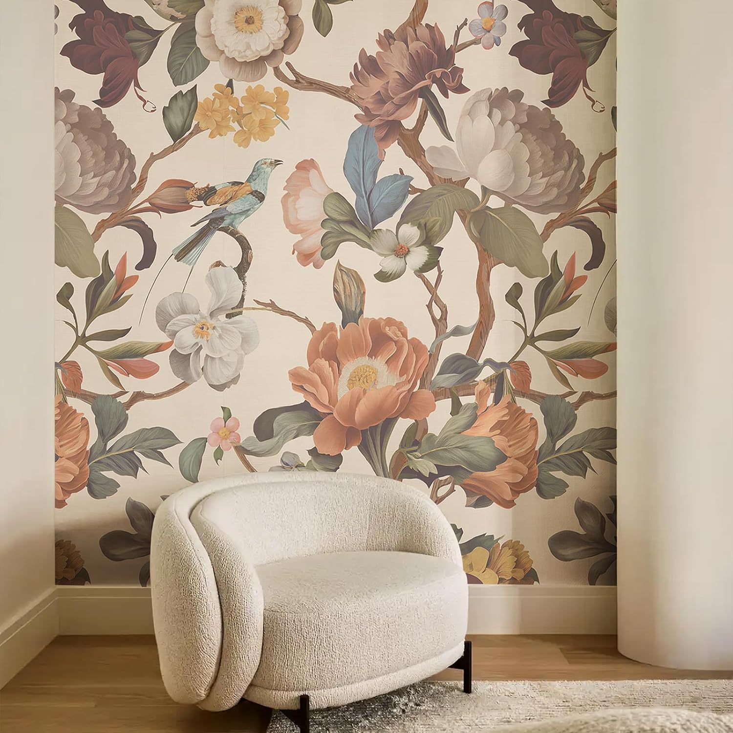 Zeeko Floral Peel and Stick Wallpaper Mural Beige Flower Wallpaper for Bedroom TV Background Large Wall Murals Wall Paintings Art Deco 98" H x 59" W (Covers 40 sq. ft.)