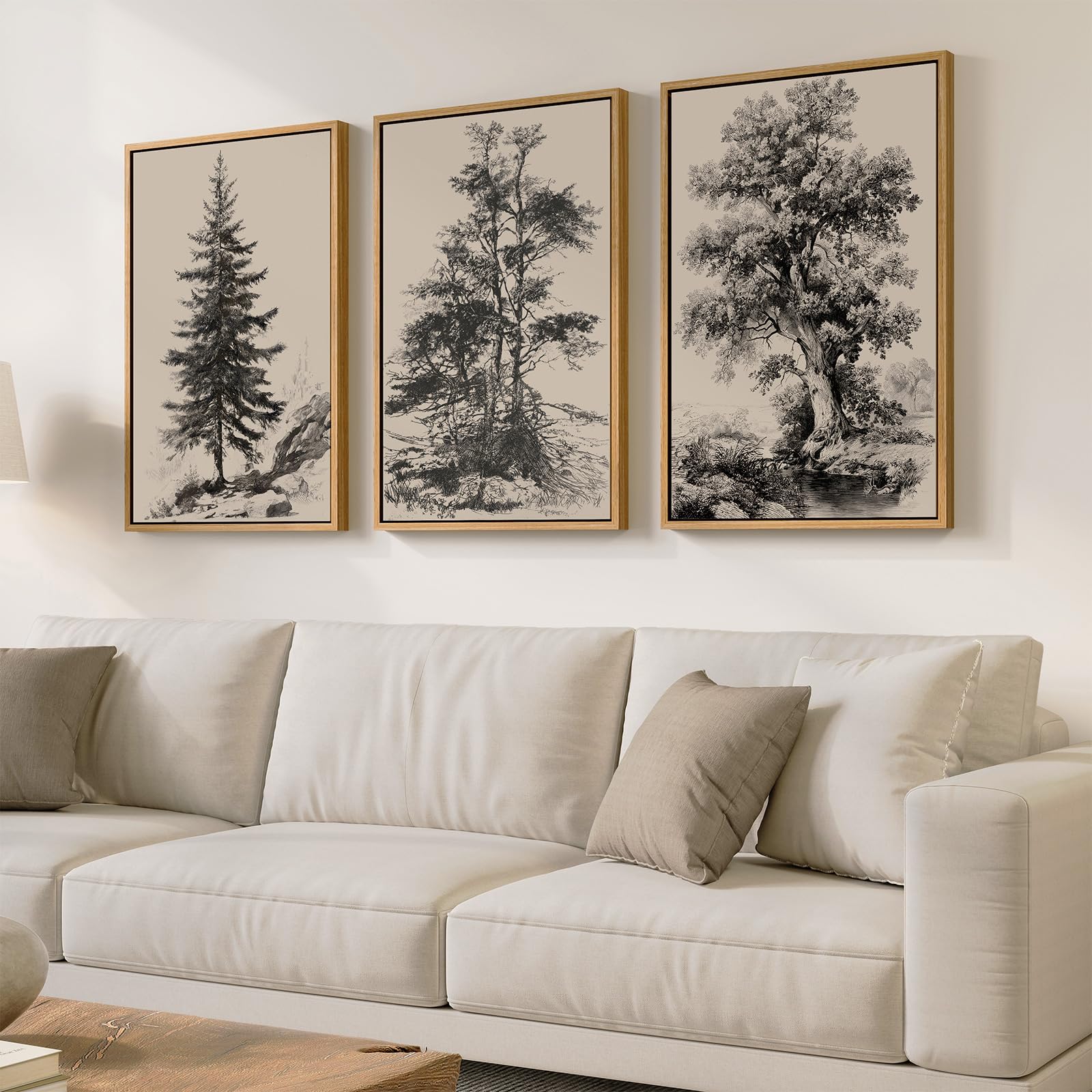Framed Neutral Wall Art for Living Room, Large 3 Piece Abstract Pastel Grunge Forest Landscape Tree Canvas Artwork Set, Modern Art Decorative Nordic Painting Picture Prints for Hallway Office 24x36 In